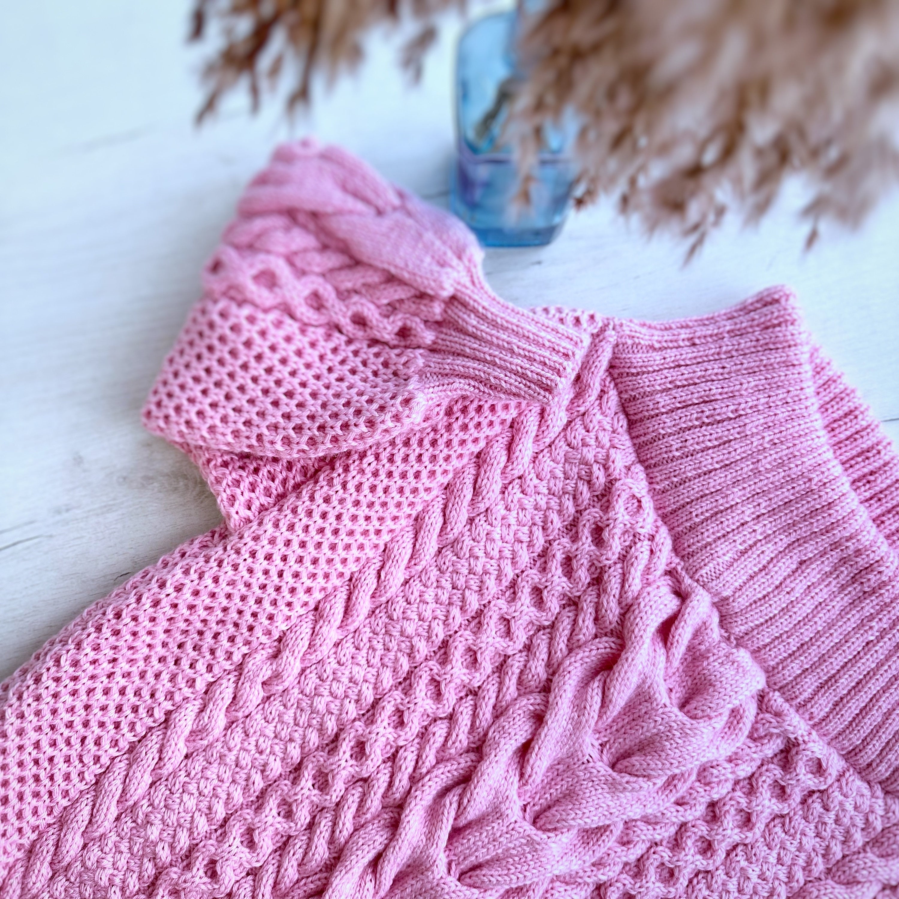 Knitted Pink sweater dress Fall dress Knit mini winter dress Mod dress Сable knit aran sweater Irish Braid wool sweater Off the shoulders