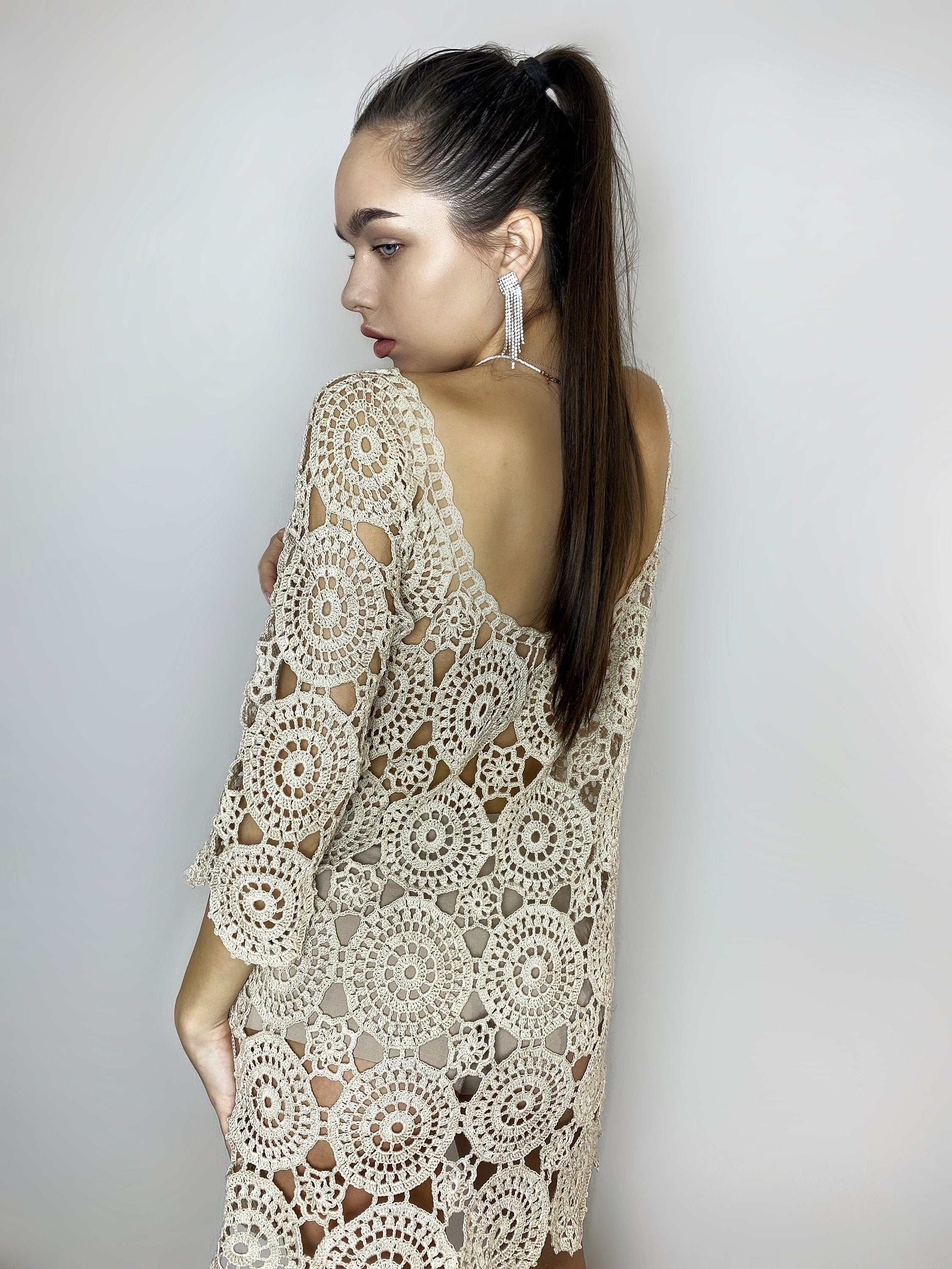 Beach dress/beach Cover-Ups/beige crochet dress/mini pastel cover-ups/cotton crochet dress/crochet vintage/beachwear/lace crochet dress