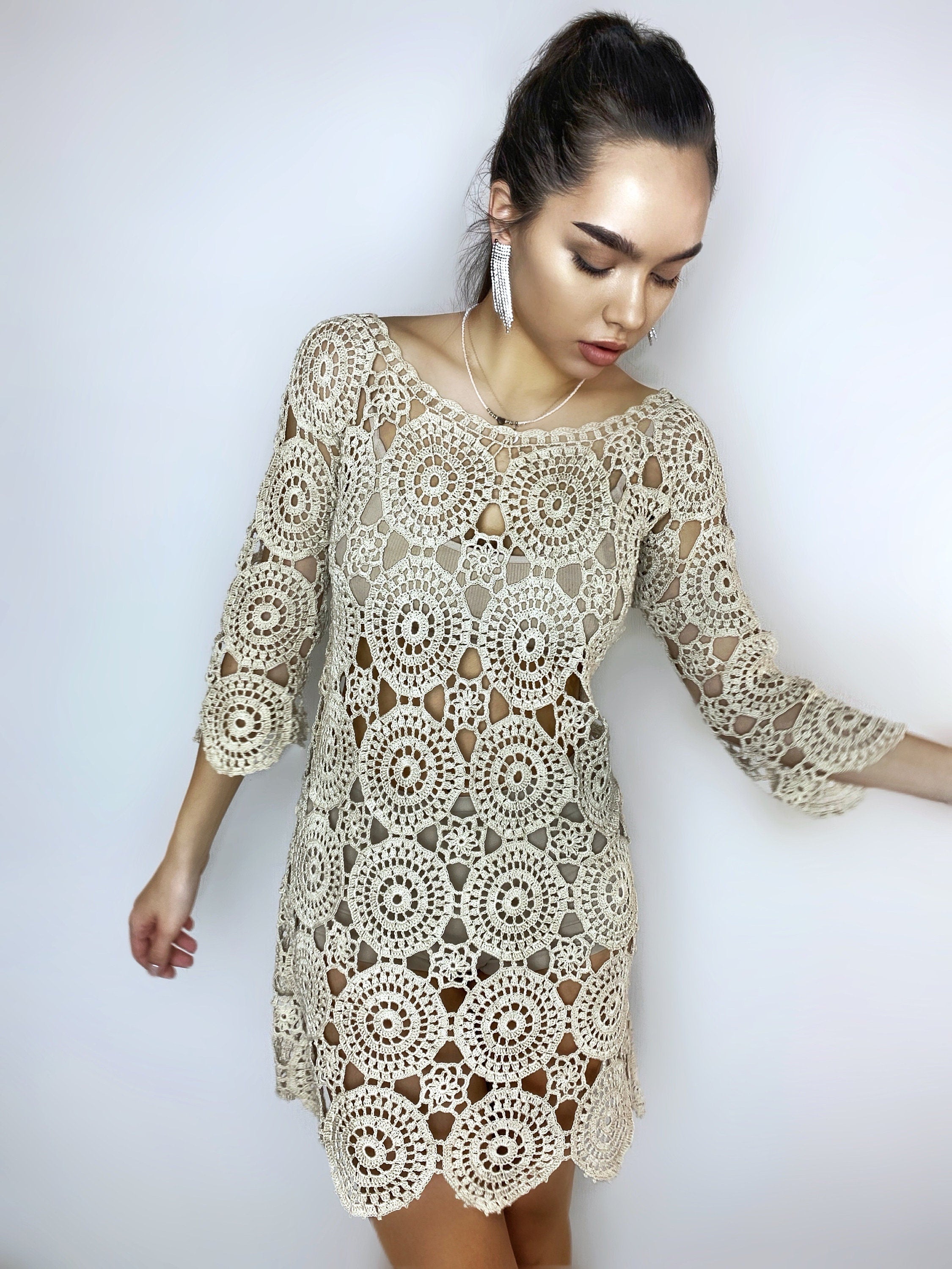 Beach dress/beach Cover-Ups/beige crochet dress/mini pastel cover-ups/cotton crochet dress/crochet vintage/beachwear/lace crochet dress