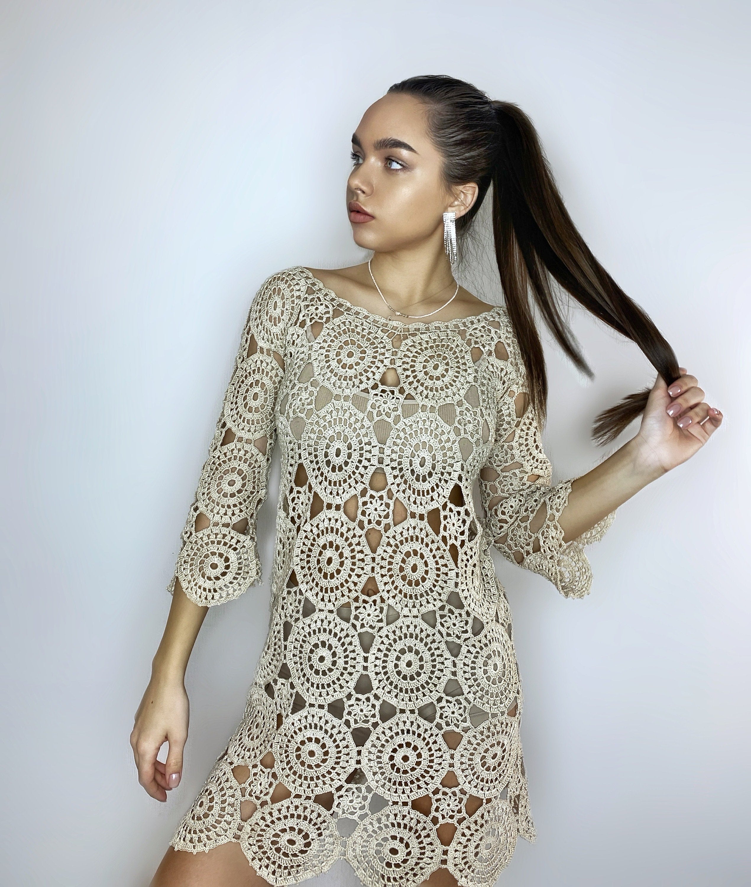 Beach dress/beach Cover-Ups/beige crochet dress/mini pastel cover-ups/cotton crochet dress/crochet vintage/beachwear/lace crochet dress