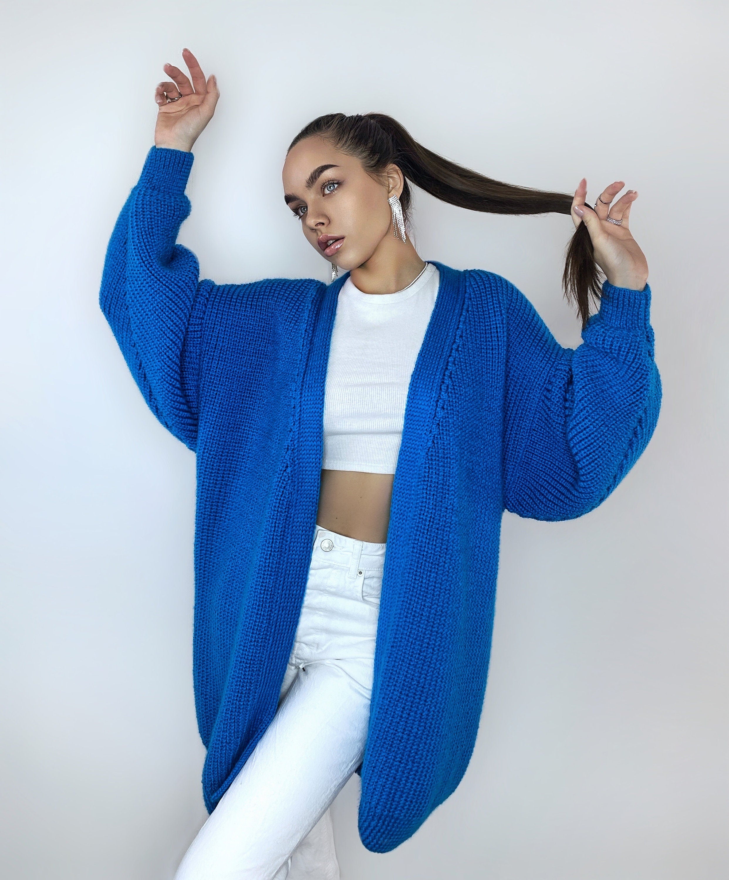 Chunky knitted cardigan Oversize blue sweater Cable knit cardigan Powder Balloon sleeve hand knitted blue cardigan cocoon for women