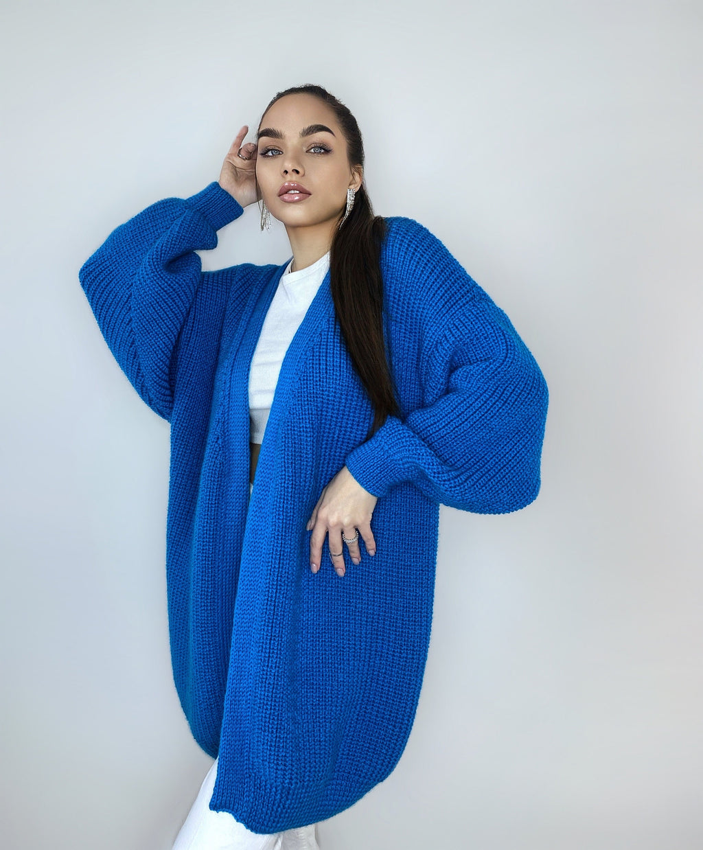 Chunky knitted cardigan Oversize blue sweater Cable knit cardigan Powder Balloon sleeve hand knitted blue cardigan cocoon for women