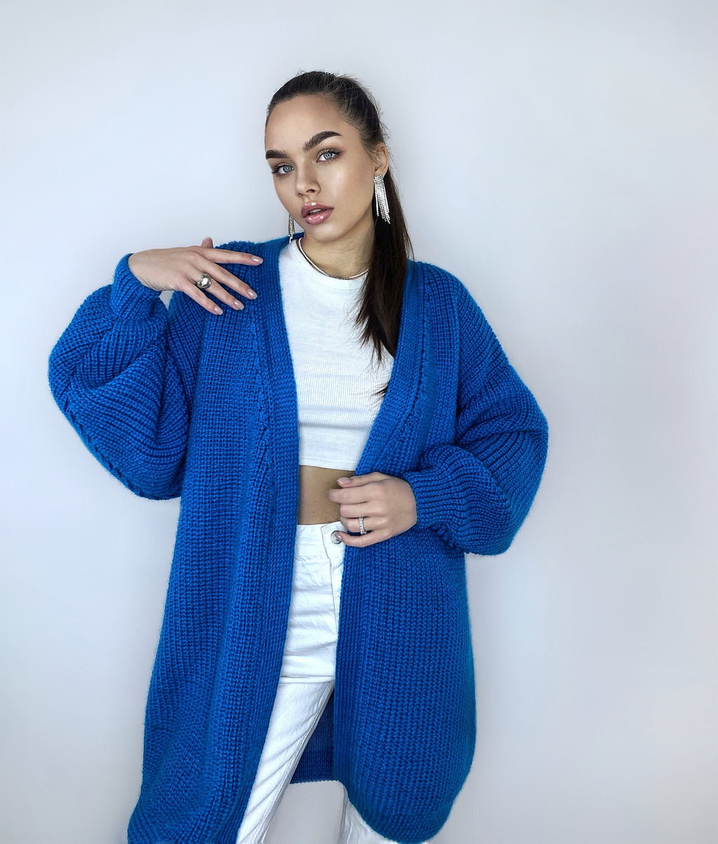 Chunky knitted cardigan Oversize blue sweater Cable knit cardigan Powder Balloon sleeve hand knitted blue cardigan cocoon for women