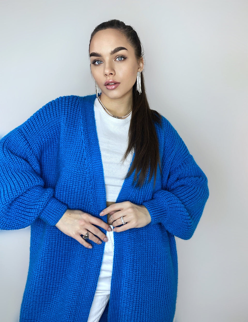 Chunky knitted cardigan Oversize blue sweater Cable knit cardigan Powder Balloon sleeve hand knitted blue cardigan cocoon for women