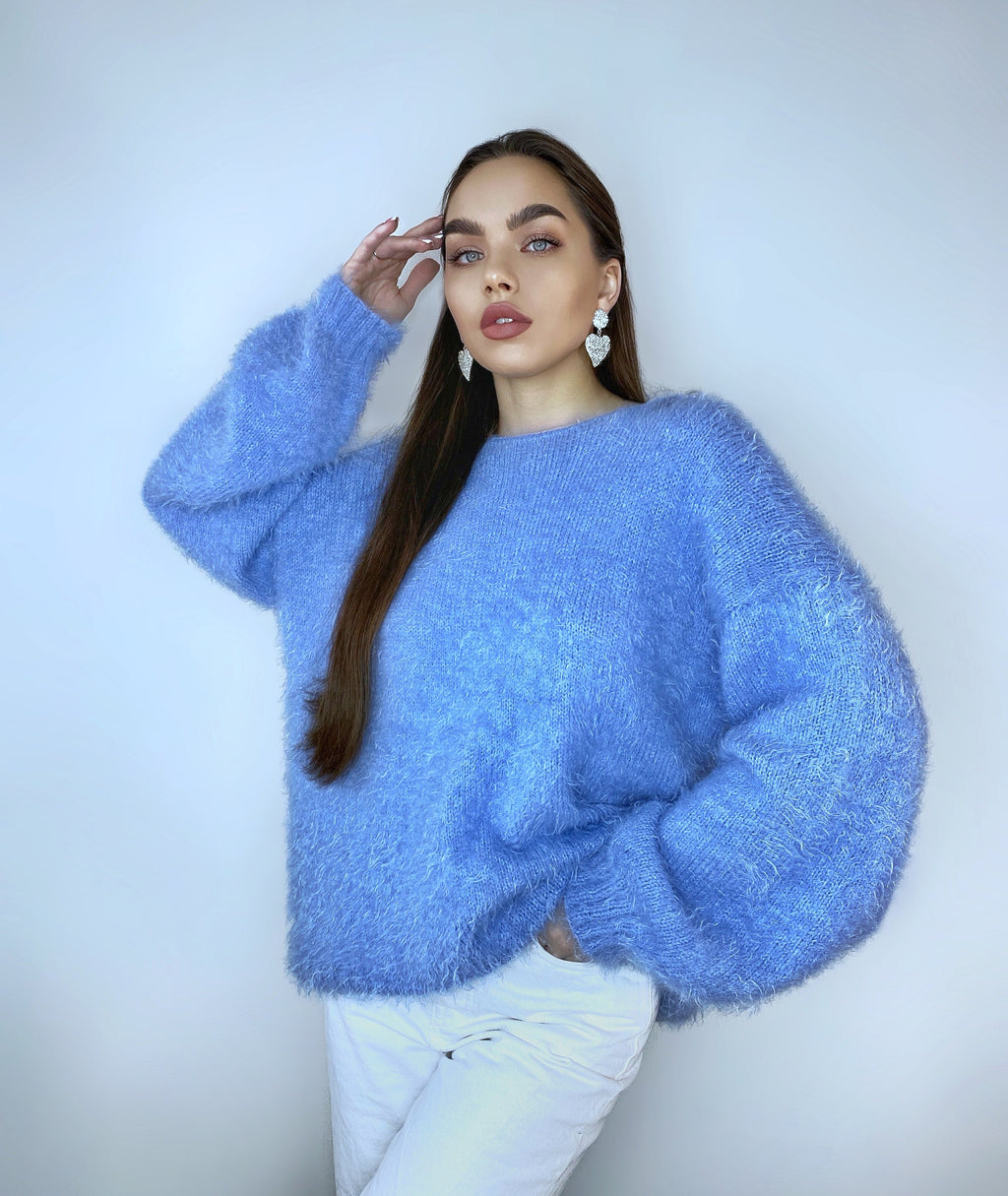 Wool free soft fluffy blue hand knit body friendly sweater Open back Deep V-neckline Analogue of angora yarn pullover Loose fit oversized