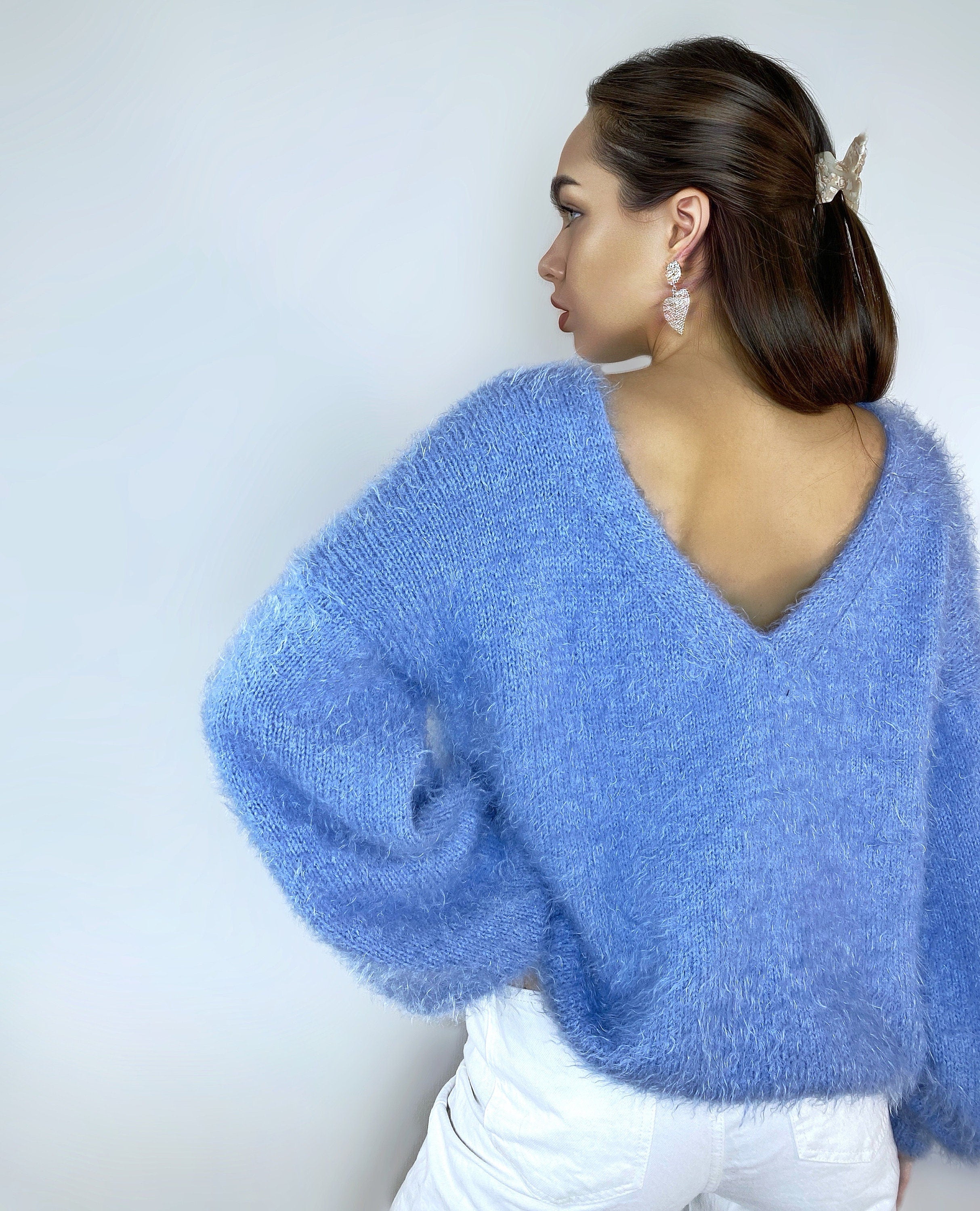 Wool free soft fluffy blue hand knit body friendly sweater Open back Deep V-neckline Analogue of angora yarn pullover Loose fit oversized
