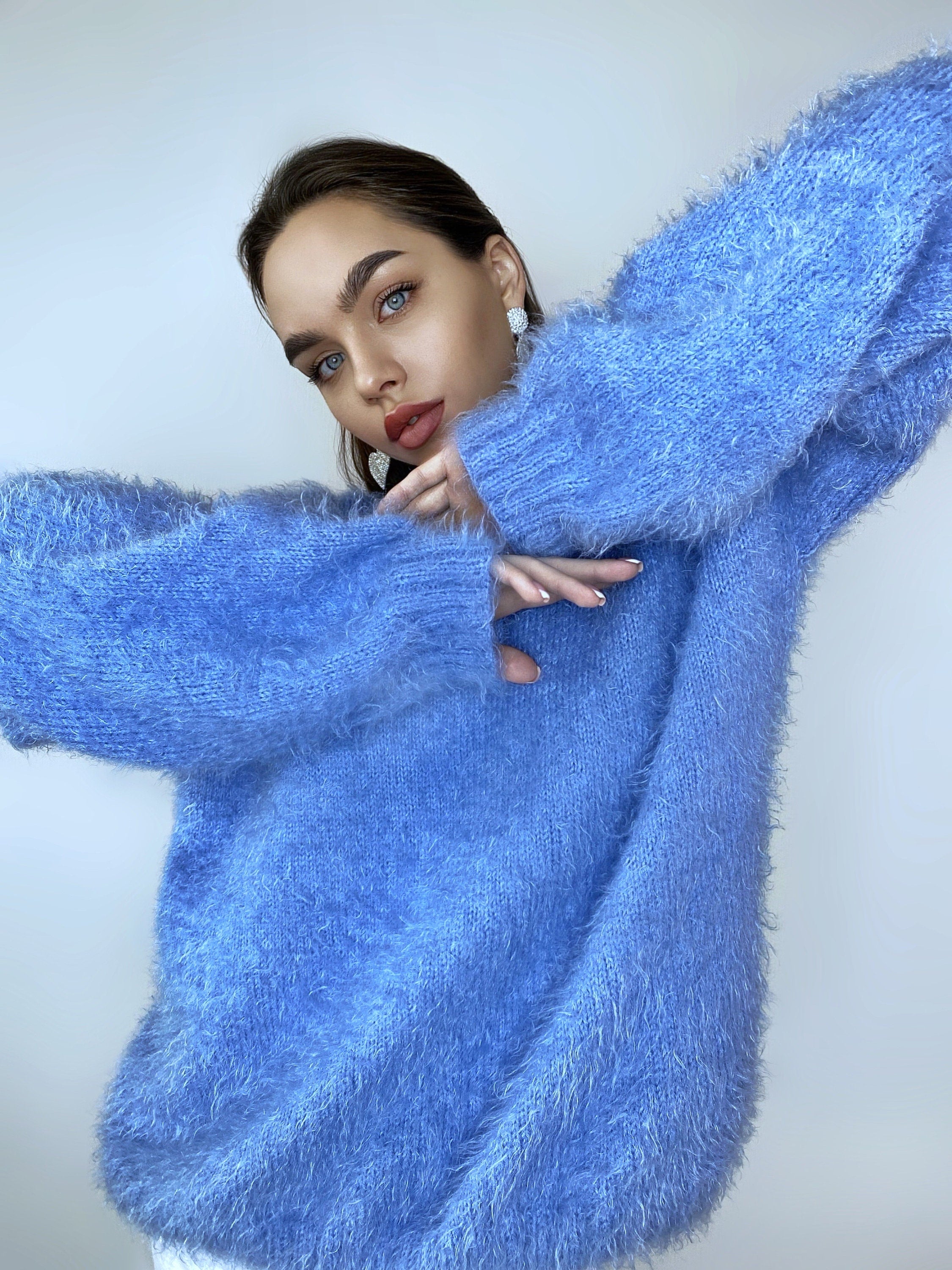 Wool free soft fluffy blue hand knit body friendly sweater Open back Deep V-neckline Analogue of angora yarn pullover Loose fit oversized