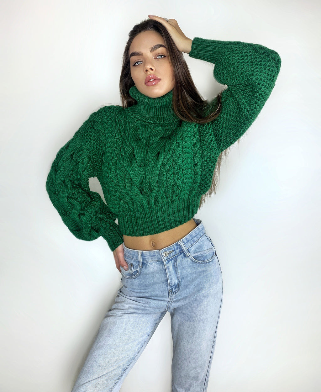 Crop hand knitted green emerald sweater Chunky Knit Turtleneck Oversized Pullover Women's Cable knit Jumper merino wool winter sweater