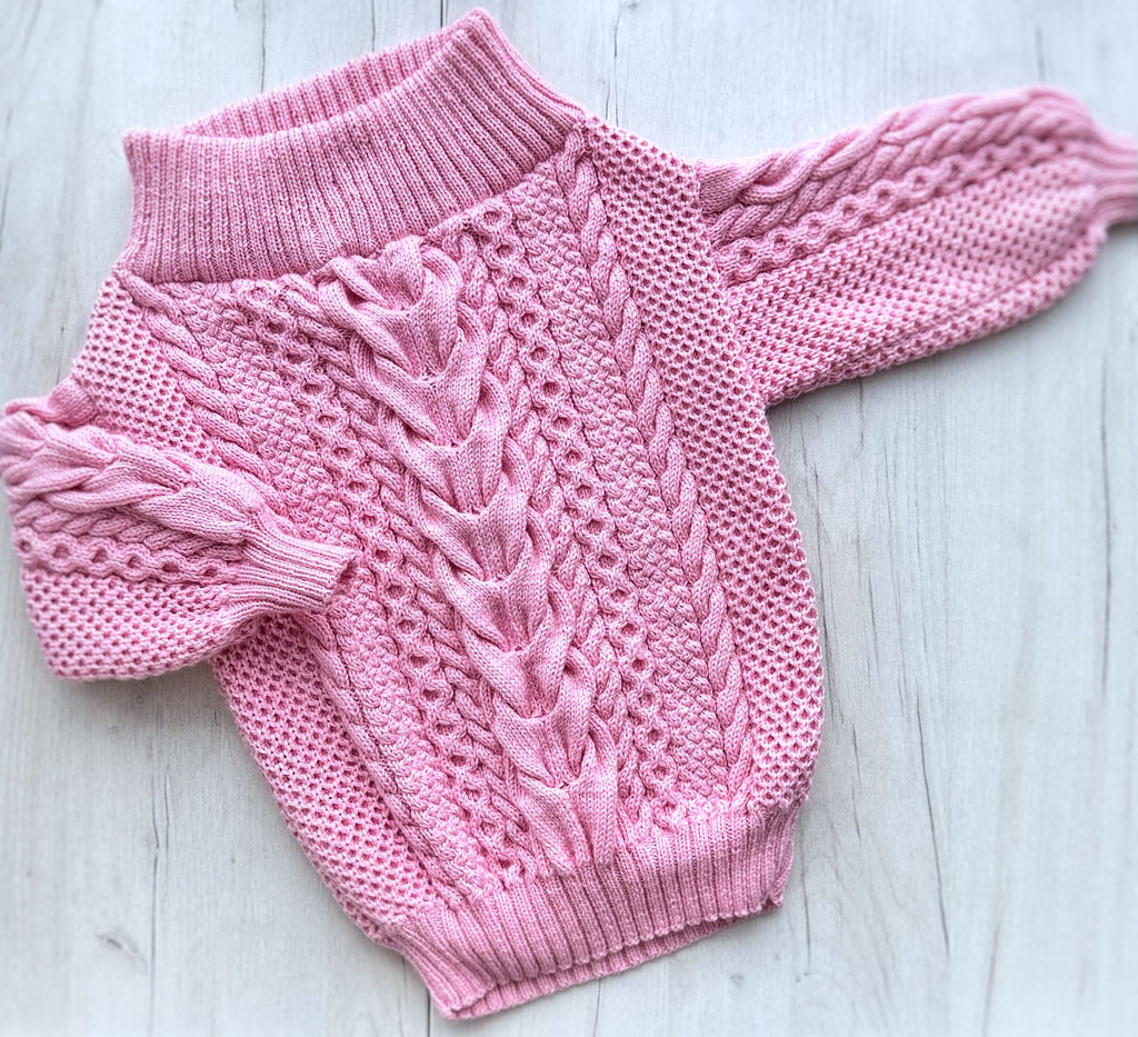 Knitted Pink sweater dress Fall dress Knit mini winter dress Mod dress Сable knit aran sweater Irish Braid wool sweater Off the shoulders