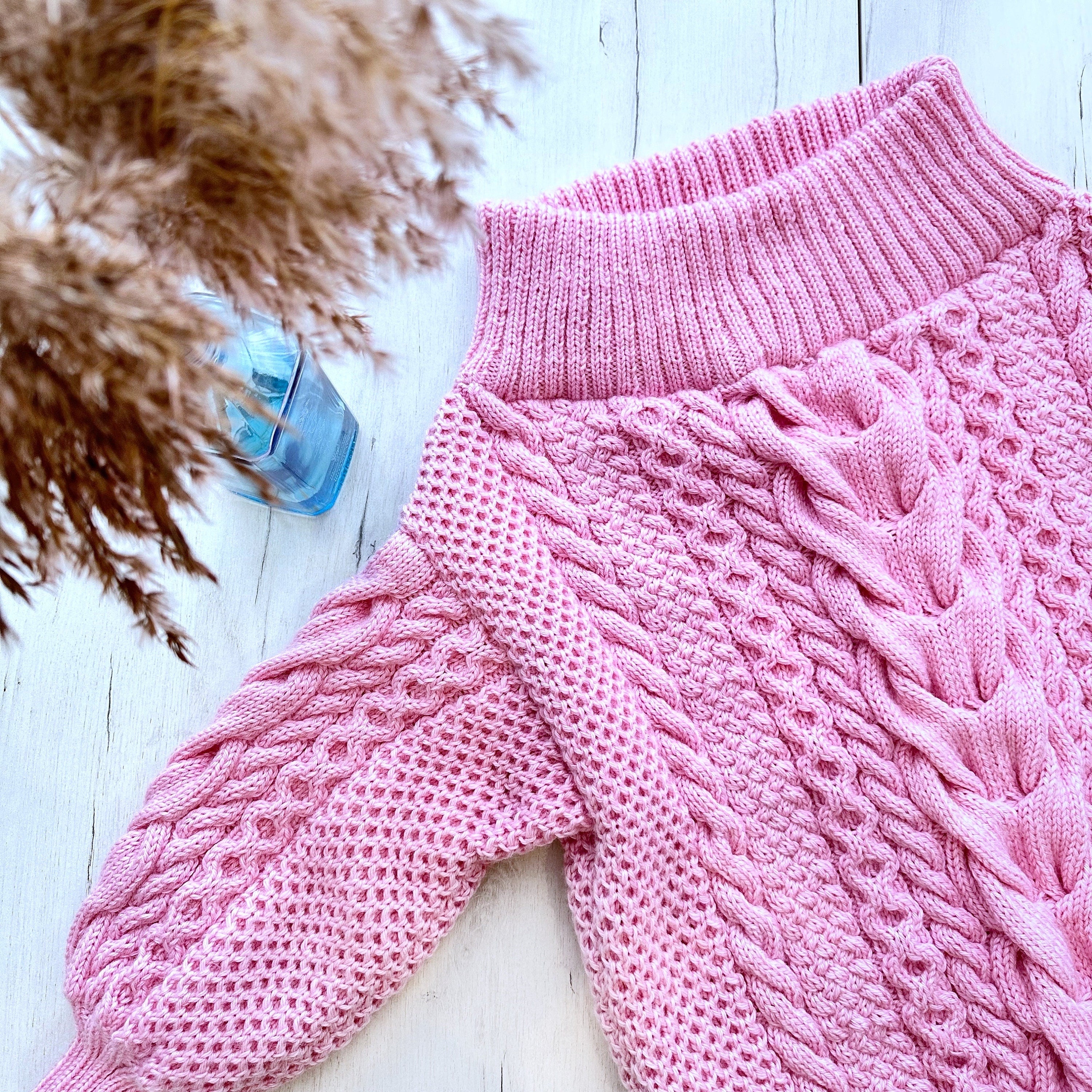 Knitted Pink sweater dress Fall dress Knit mini winter dress Mod dress Сable knit aran sweater Irish Braid wool sweater Off the shoulders