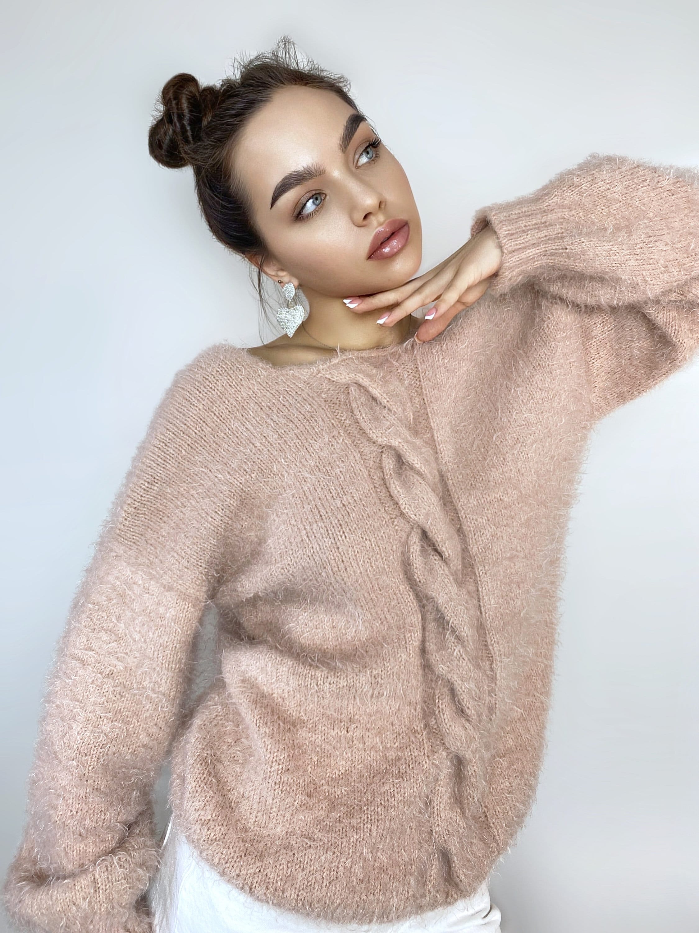 Beige soft fluffy wool free sweater dress Hand knit body friendly sweater Open back Deep neckline Fluffy pullover V-neck angora wool