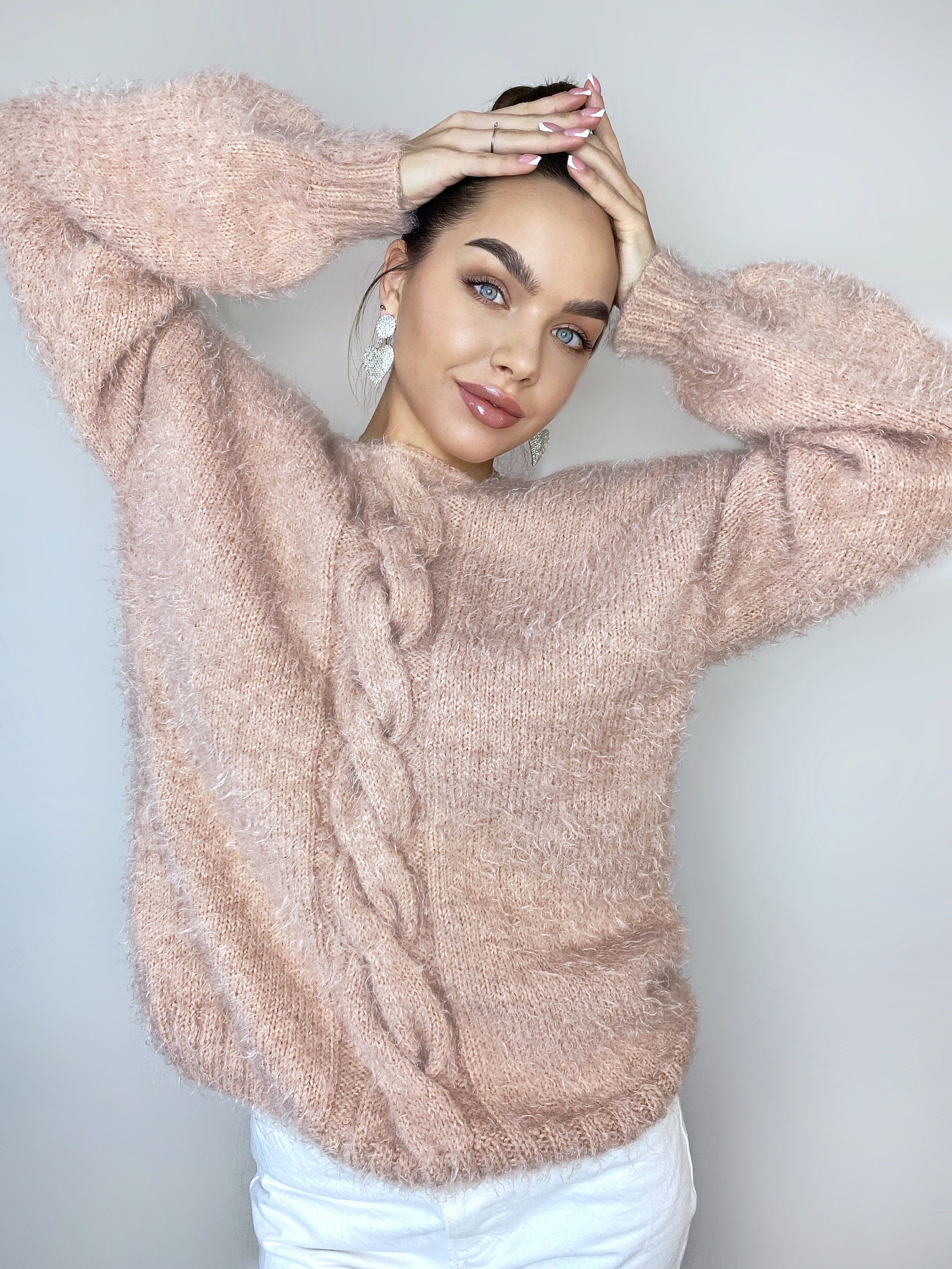 Beige soft fluffy wool free sweater dress Hand knit body friendly sweater Open back Deep neckline Fluffy pullover V-neck angora wool