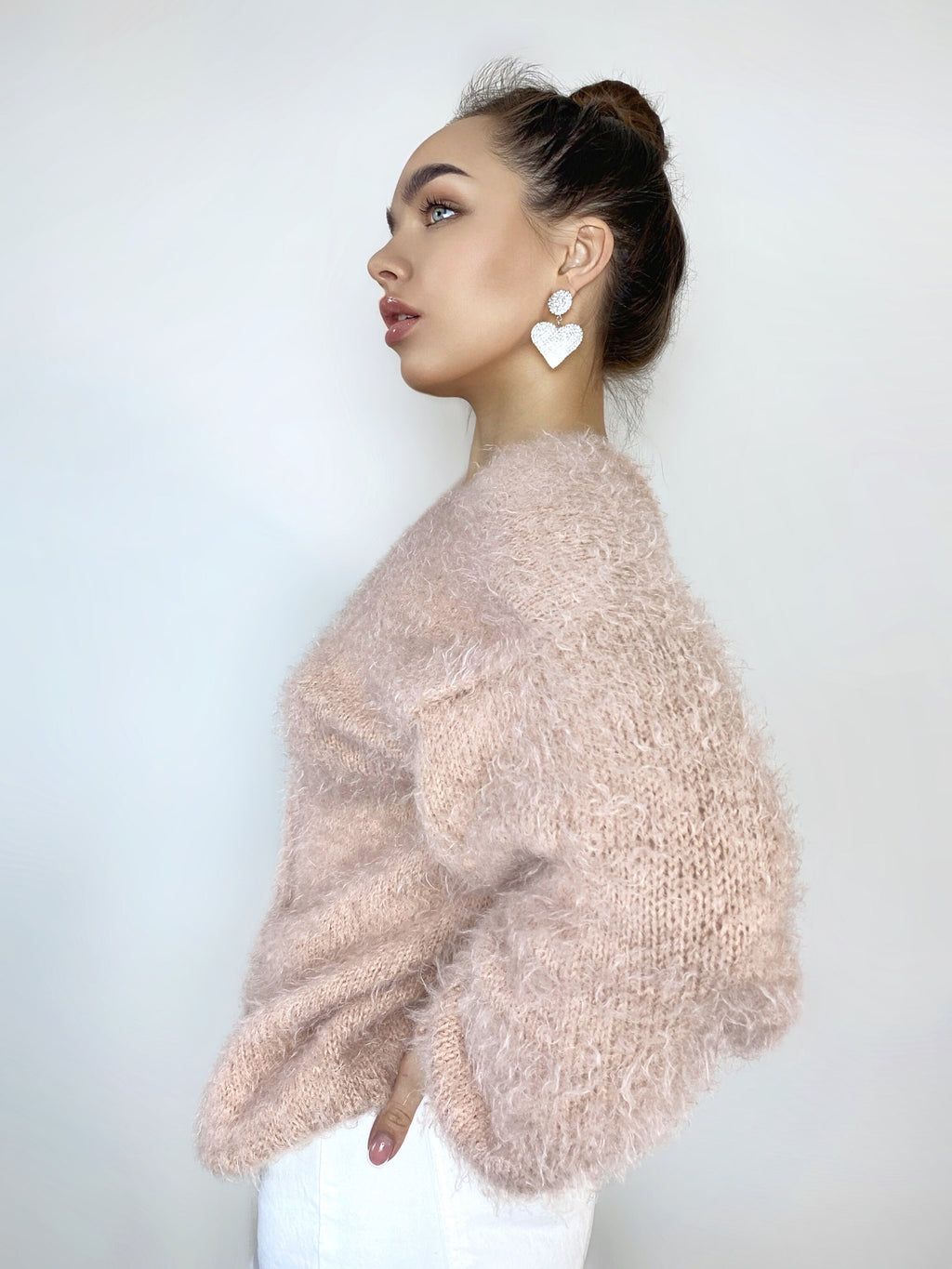 Beige soft fluffy wool free sweater dress Hand knit body friendly sweater Open back Deep neckline Fluffy pullover V-neck angora wool