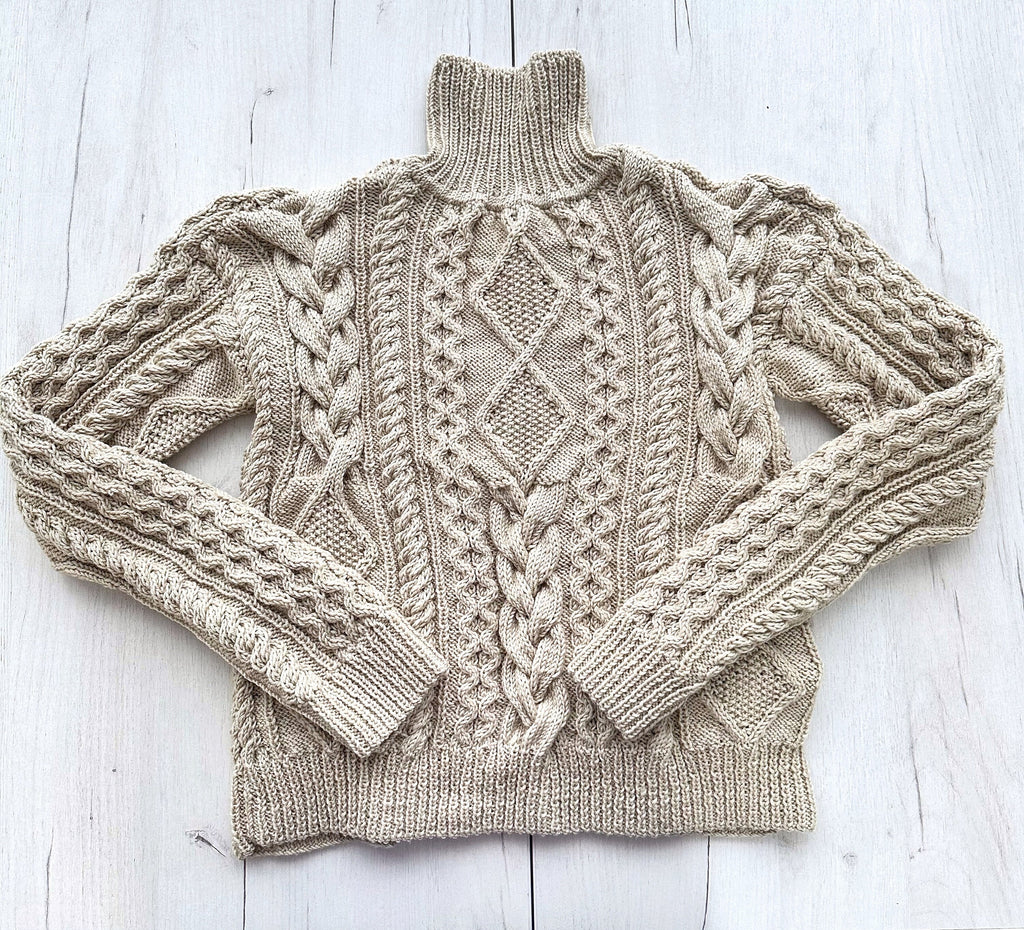 Hand knit scandinavian style sweater Chunky knit turtleneck pullover Oversize crop aran sweater Women cable knit sweater White Cream Ivory