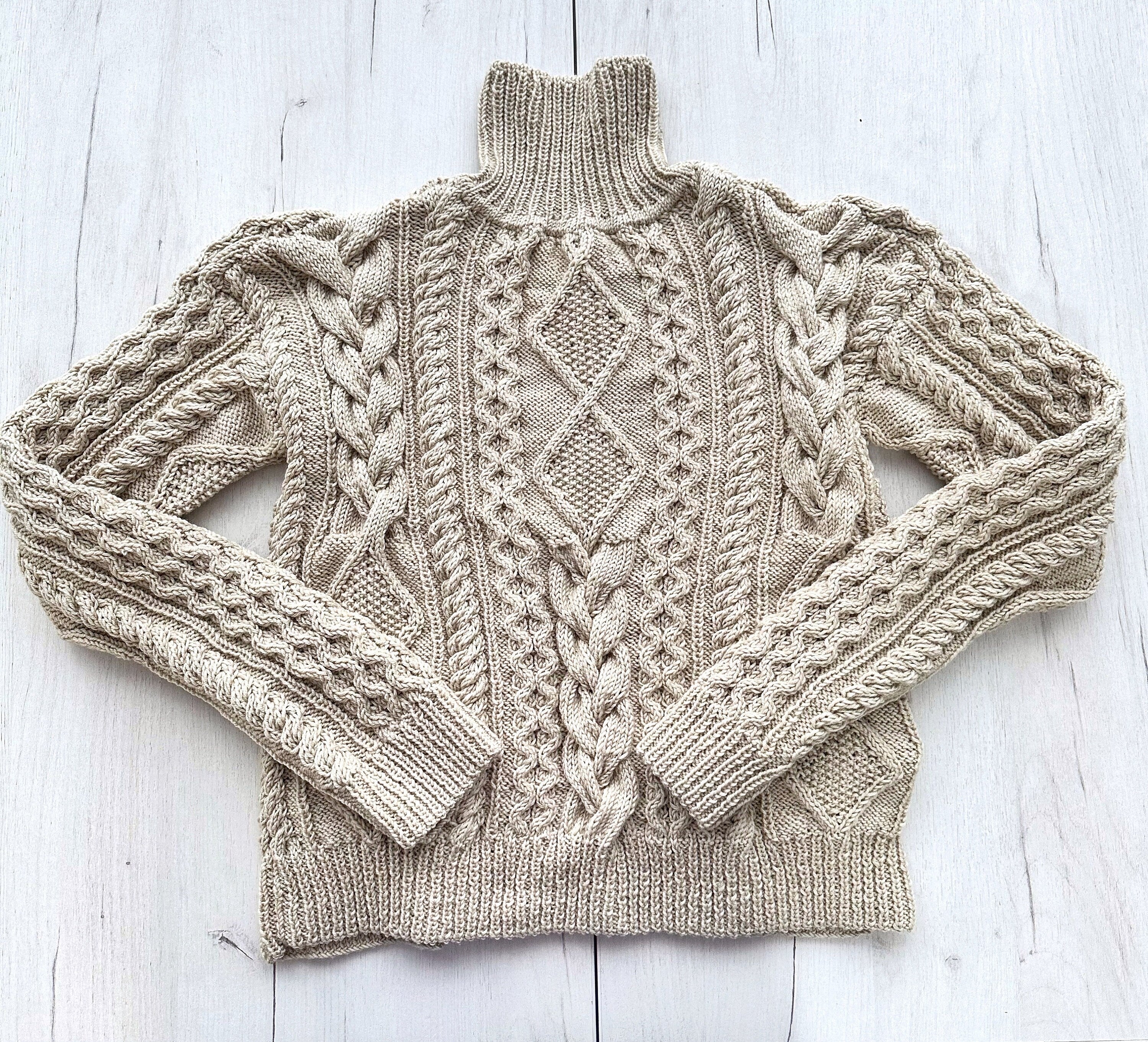 Hand knit scandinavian style sweater Chunky knit turtleneck pullover Oversize crop aran sweater Women cable knit sweater White Cream Ivory