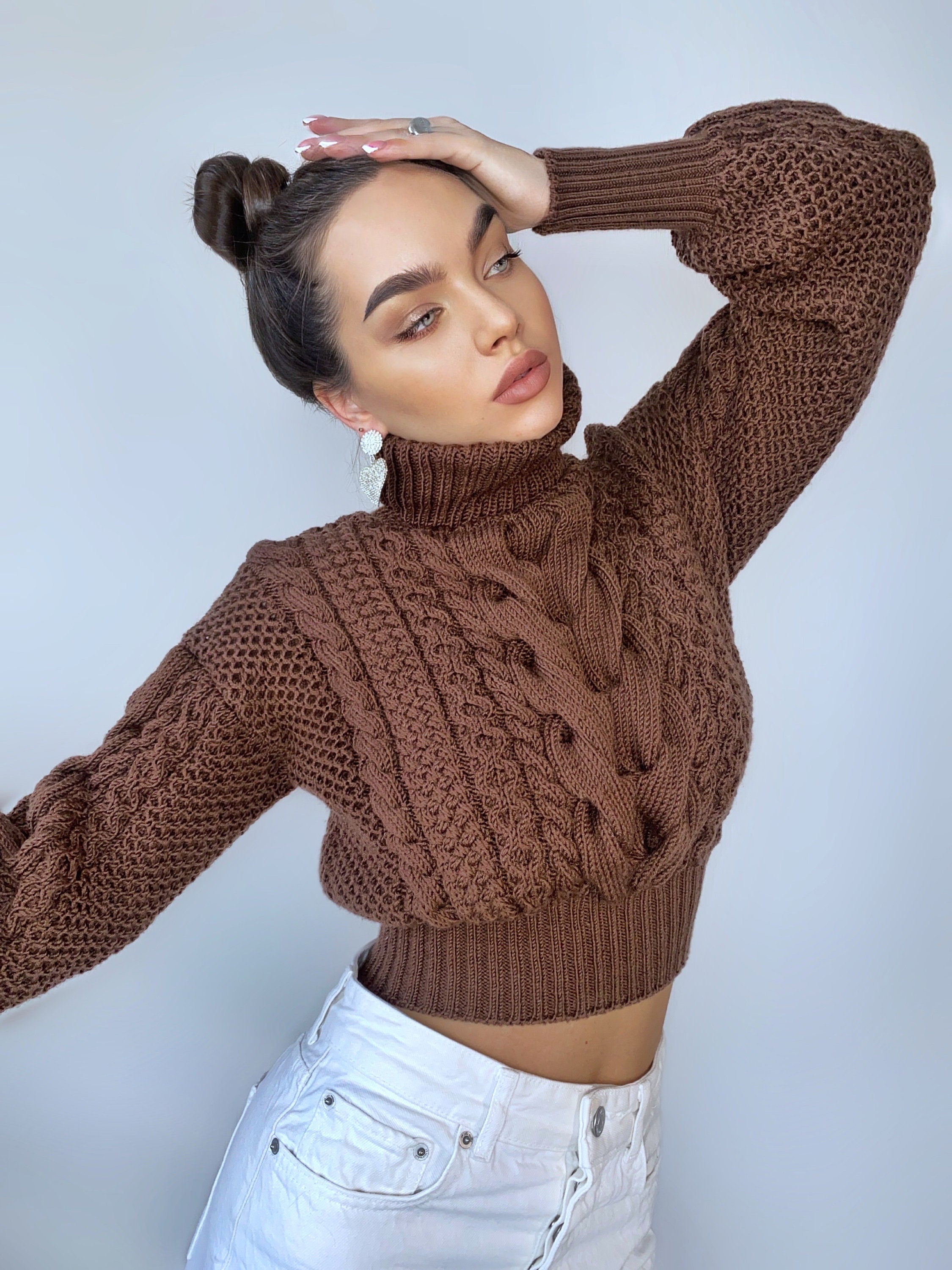 Crop hand knitted Chocolate brown merino wool sweater Chunky Knit Turtleneck organic Pullover Women's Cable knit cozy wool winter sweater