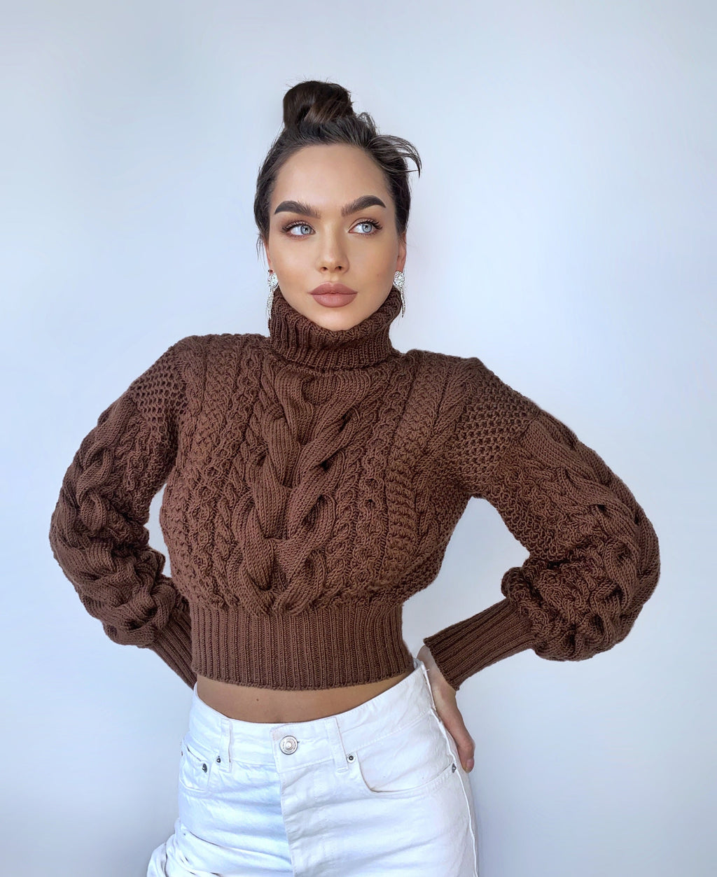 Crop hand knitted Chocolate brown merino wool sweater Chunky Knit Turtleneck organic Pullover Women's Cable knit cozy wool winter sweater