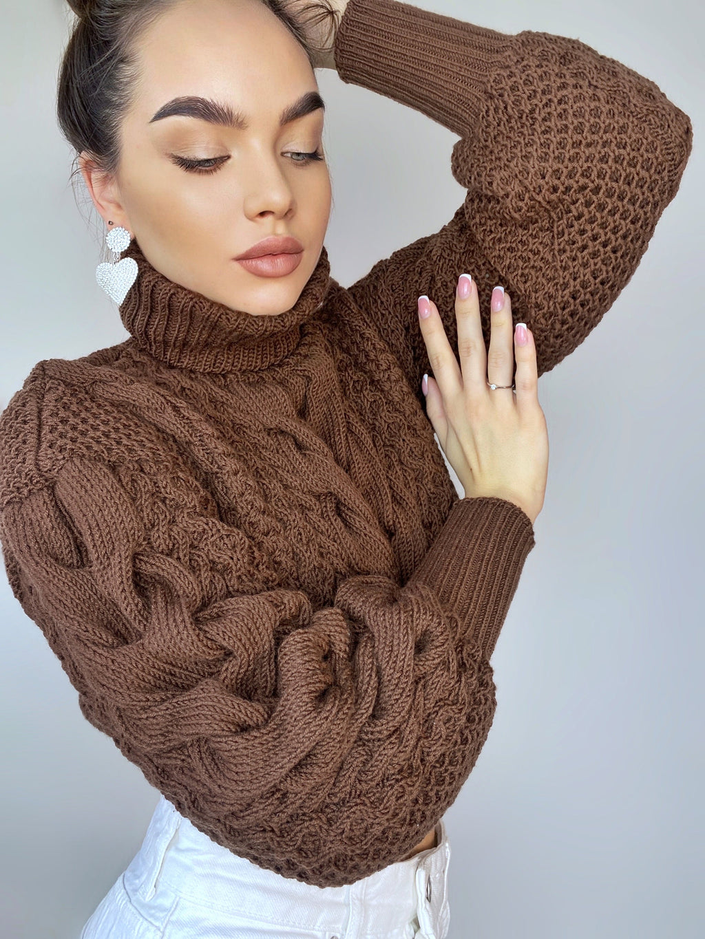 Crop hand knitted brown merino wool sweater Chunky Knit Turtleneck Oversized Pullover Women's Cable knit Jumper cozy wool winter sweater