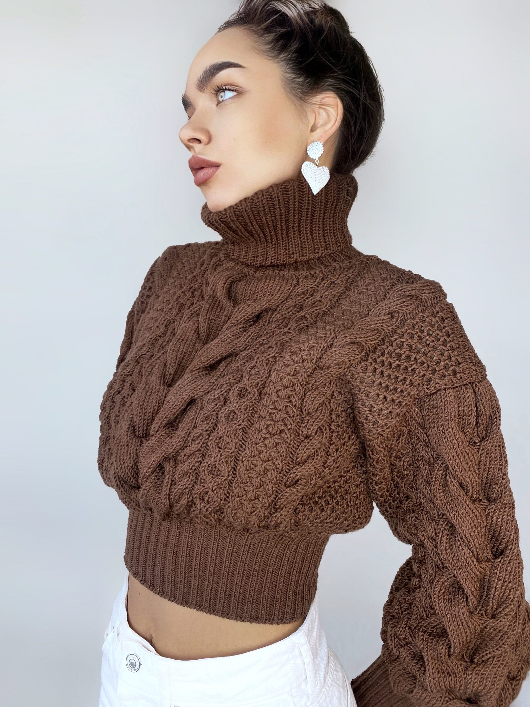 Crop hand knitted brown merino wool sweater Chunky Knit Turtleneck Oversized Pullover Women's Cable knit Jumper cozy wool winter sweater
