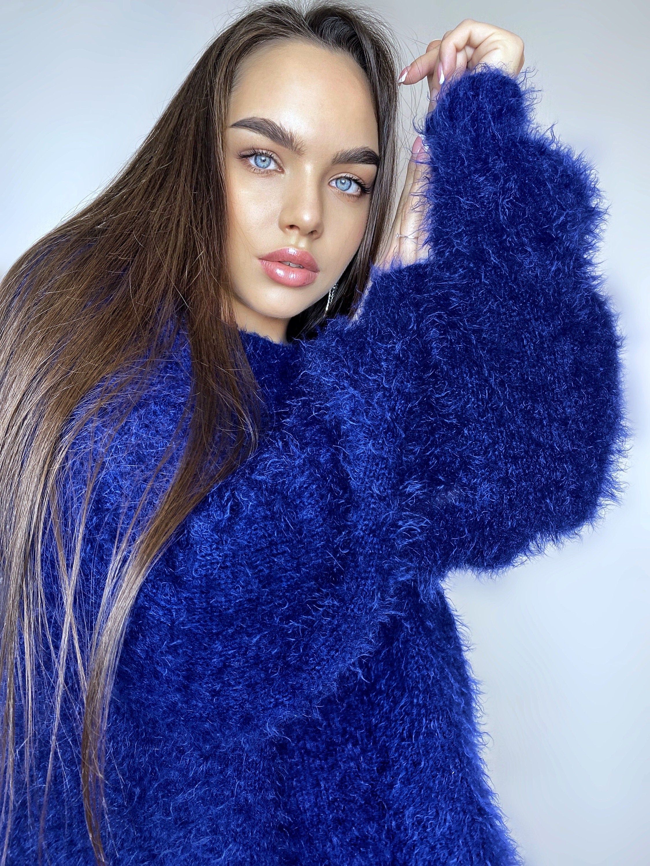 Dark blue wool free soft fluffy handknit body friendly sweater Open back Deep V-neckline Analogue of angora yarn pullover Loose fit oversize