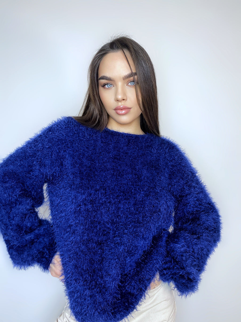 Dark blue wool free soft fluffy handknit body friendly sweater Open back Deep V-neckline Analogue of angora yarn pullover Loose fit oversize