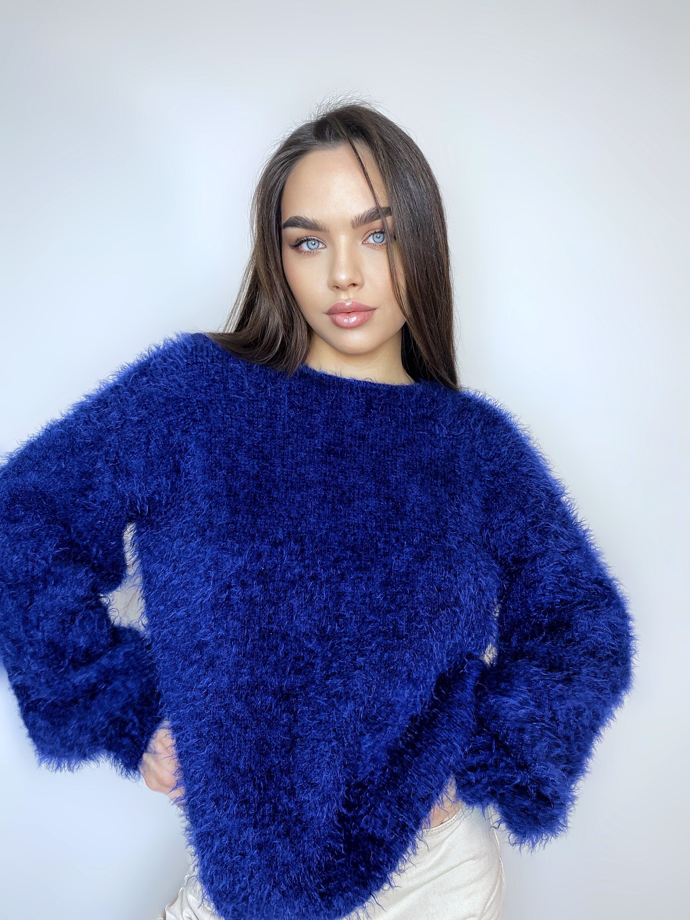 Dark blue wool free soft fluffy handknit body friendly sweater Open back Deep V-neckline Analogue of angora yarn pullover Loose fit oversize