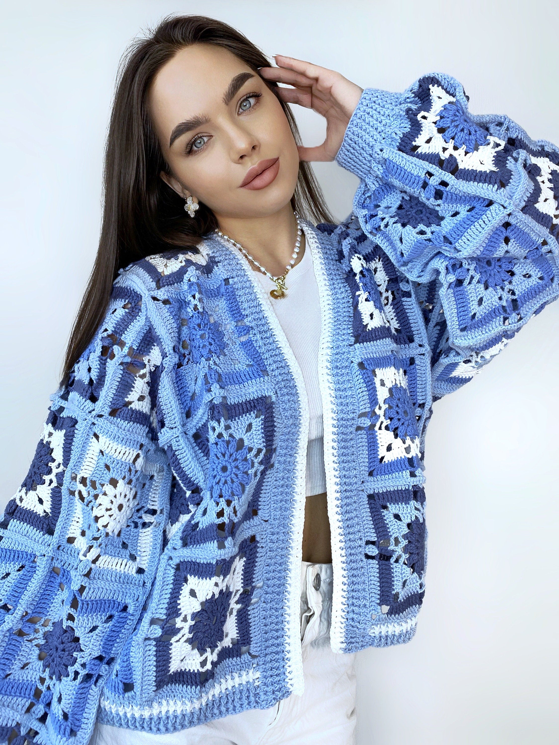 Crochet colorful cardigan Crochet blue granny square cardigan Patchwork sweater women Jacket Crochet coat Boho cardigan Afghan Coat Festival