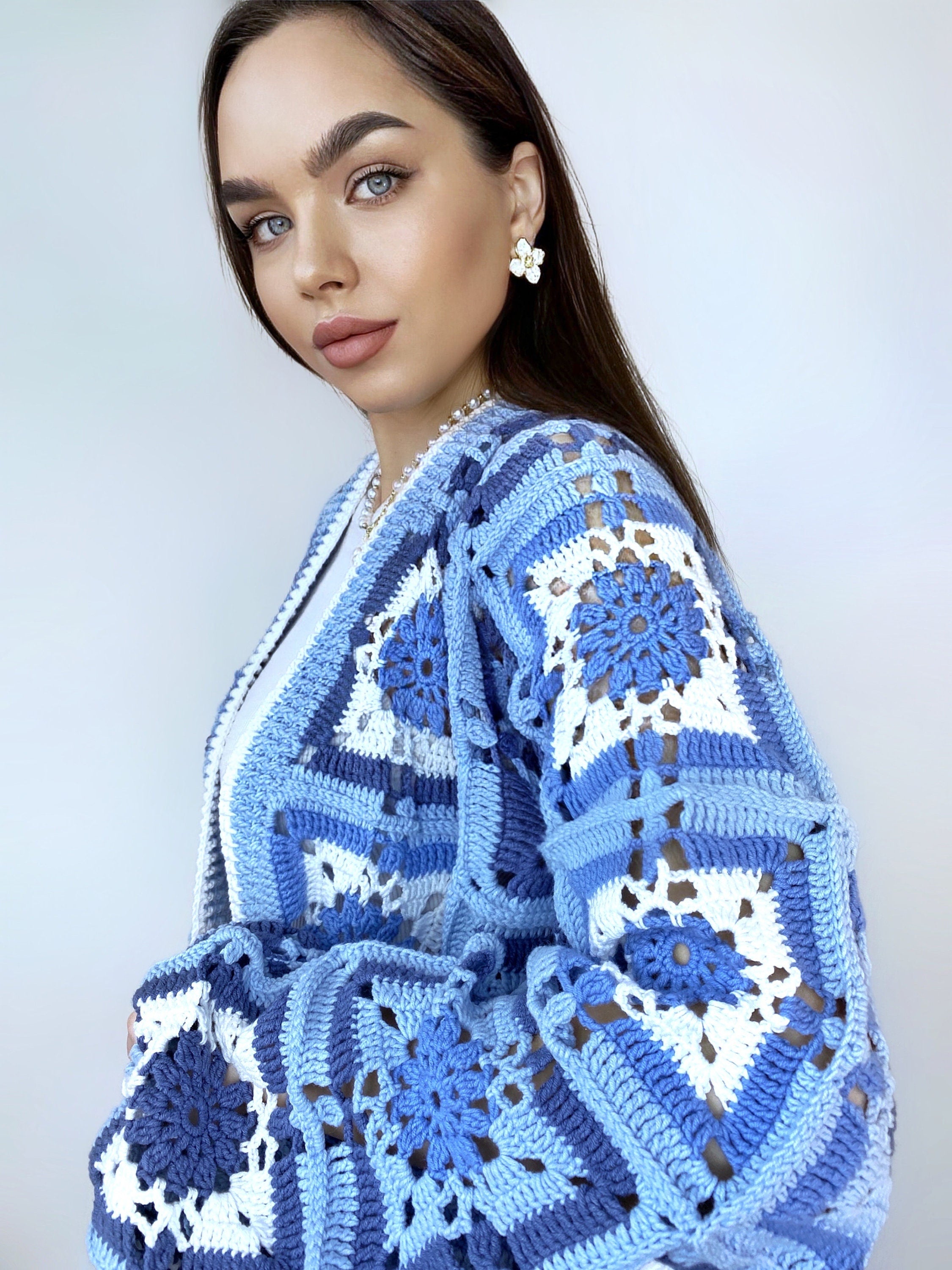 Crochet colorful cardigan Crochet blue granny square cardigan Patchwork sweater women Jacket Crochet coat Boho cardigan Afghan Coat Festival