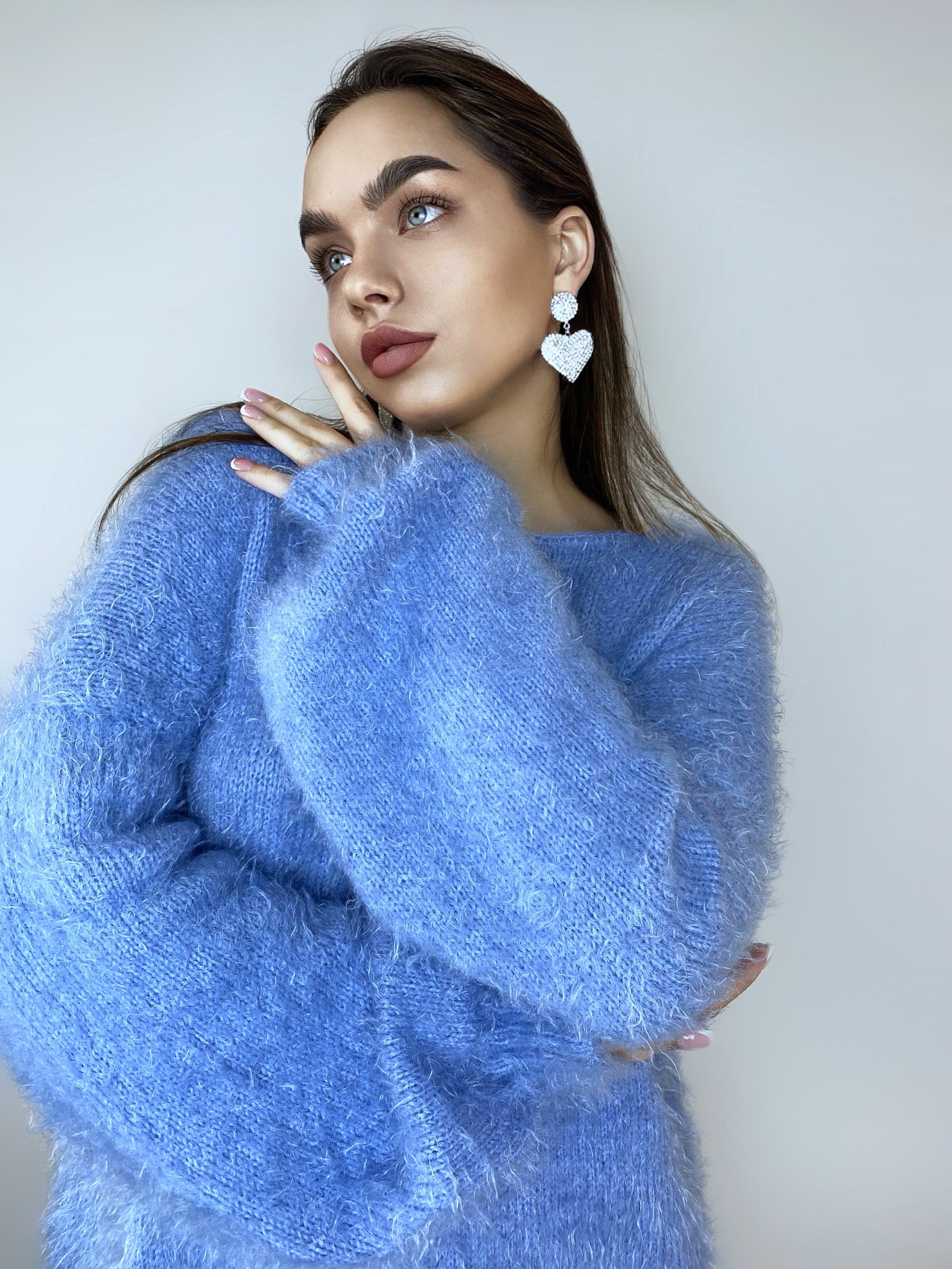 Wool free soft fluffy blue hand knit body friendly sweater Open back Deep V-neckline Analogue of angora yarn pullover Loose fit oversized