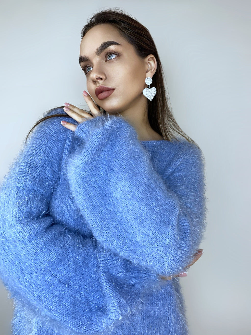 Wool free soft fluffy blue hand knit body friendly sweater Open back Deep V-neckline Analogue of angora yarn pullover Loose fit oversized