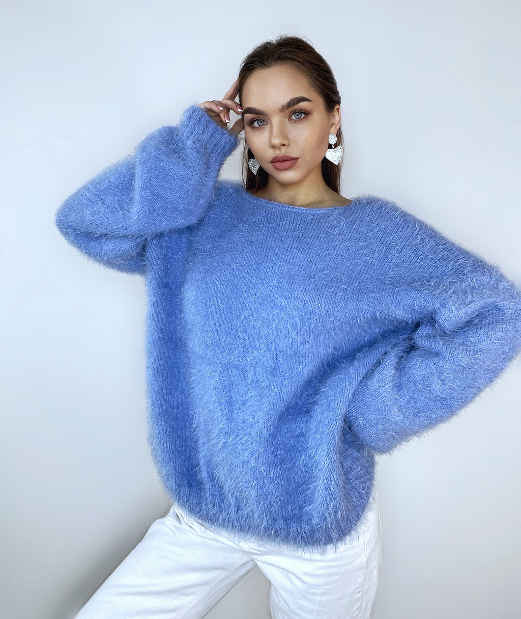 Wool free soft fluffy blue hand knit body friendly sweater Open back Deep V-neckline Analogue of angora yarn pullover Loose fit oversized