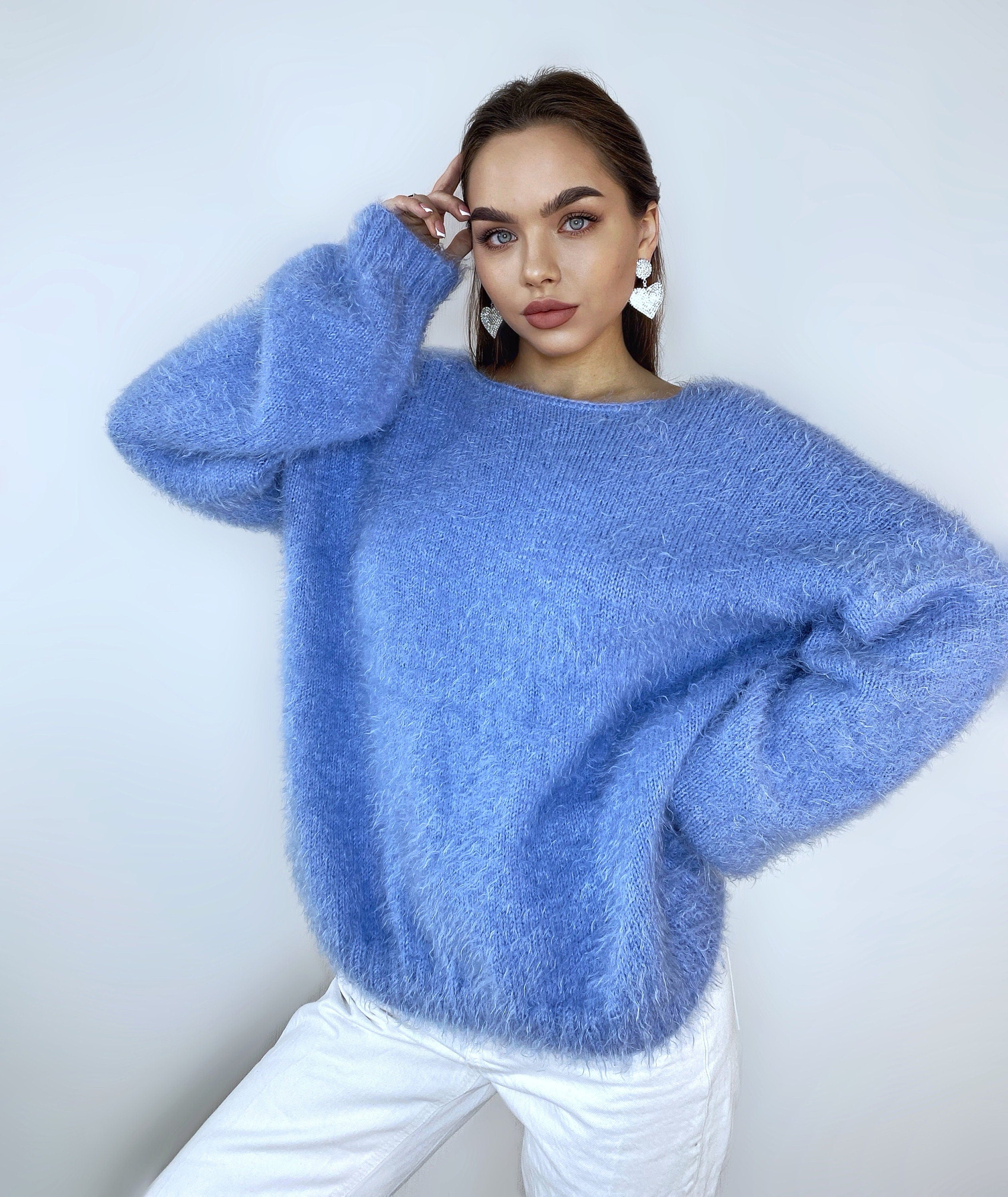 Wool free soft fluffy blue hand knit body friendly sweater Open back Deep V-neckline Analogue of angora yarn pullover Loose fit oversized