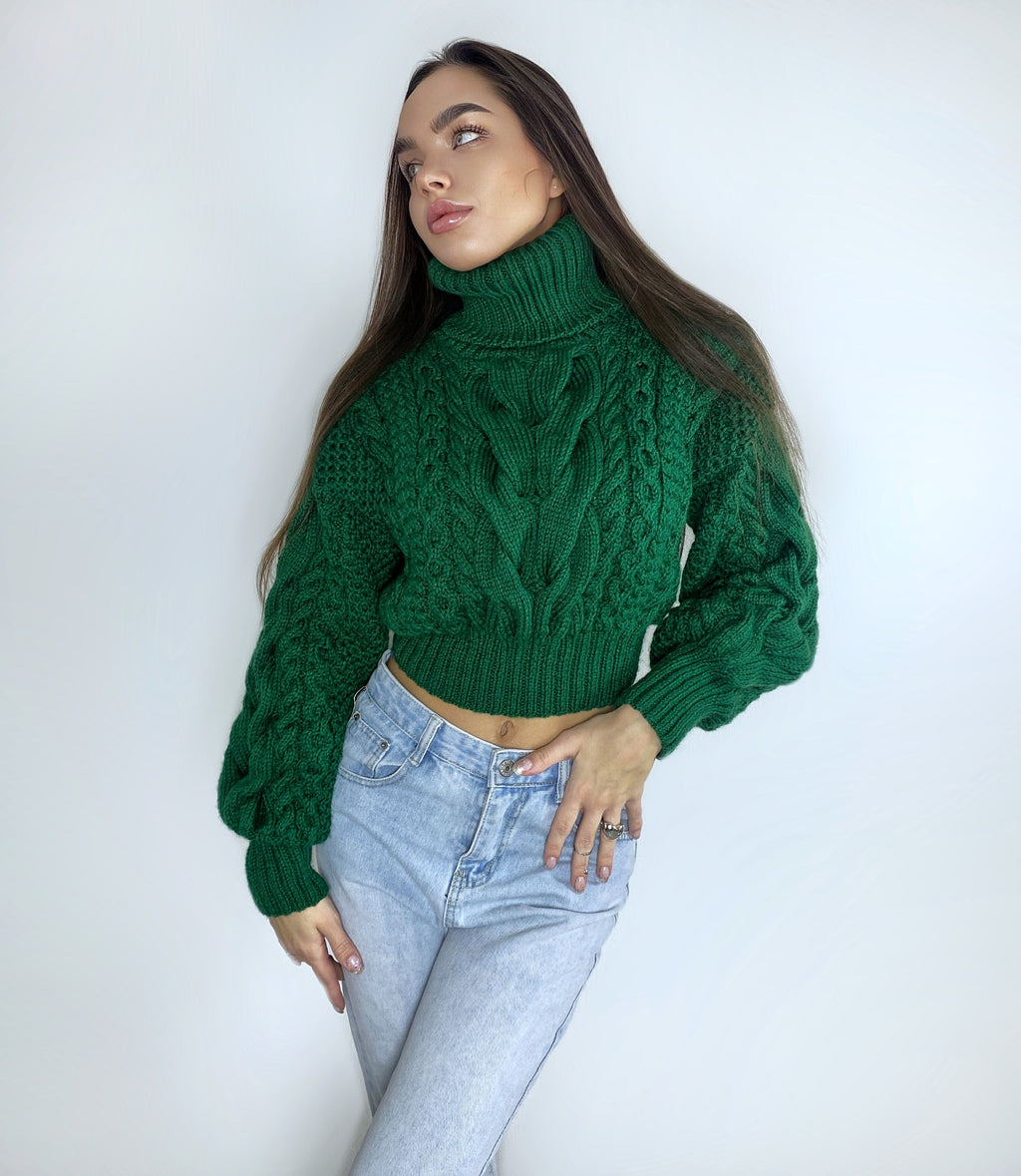Crop hand knitted green emerald sweater Chunky Knit Turtleneck Oversized Pullover Women's Cable knit Jumper merino wool winter sweater