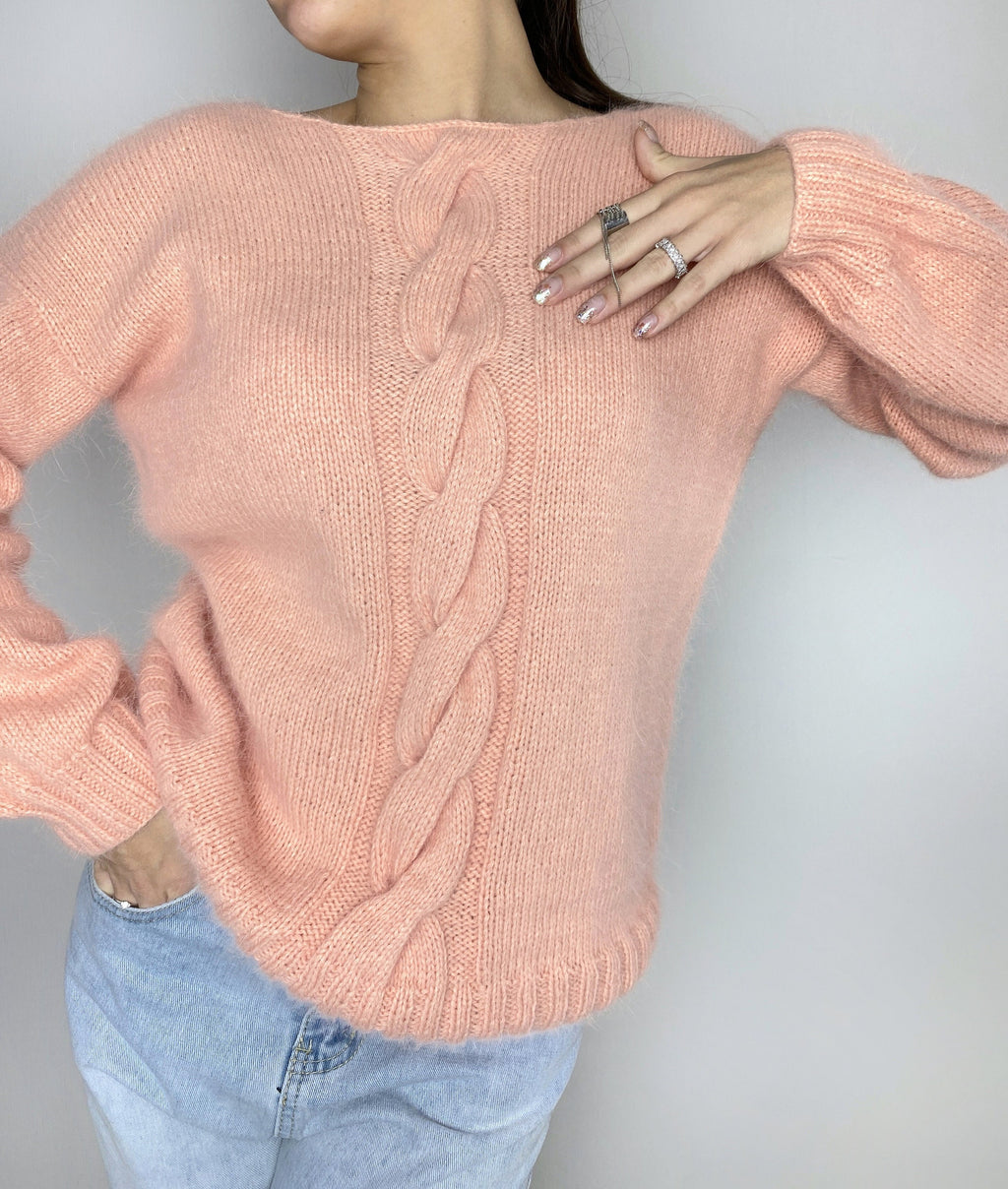 Peachy Powdery Pink angora sweater Open back Deep V-neckline Knit fluffy angora pullover Loose fit oversized Top long sleevs Cozy gift her
