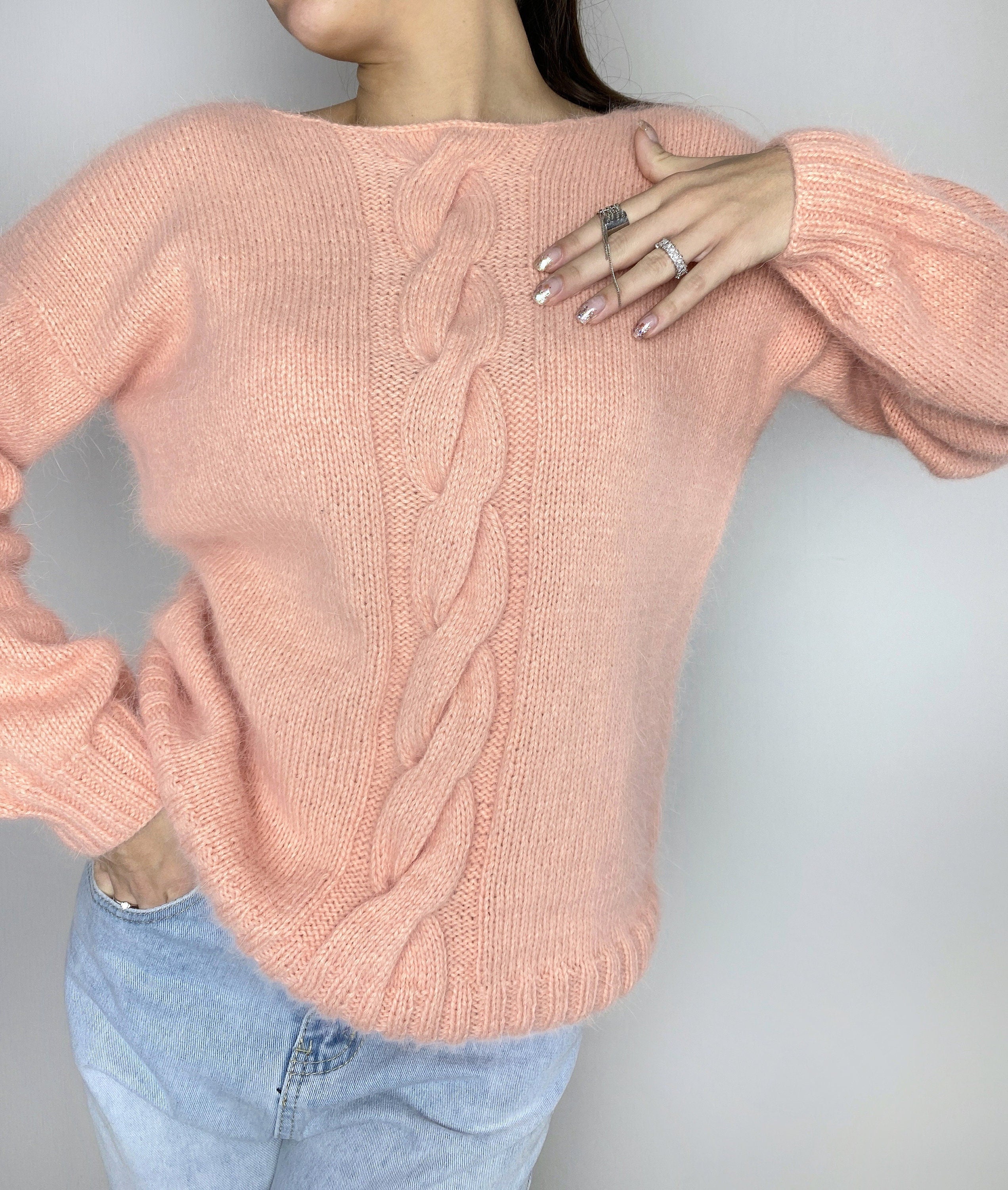 Peachy Powdery Pink angora sweater Open back Deep V-neckline Knit fluffy angora pullover Loose fit oversized Top long sleevs Cozy gift her