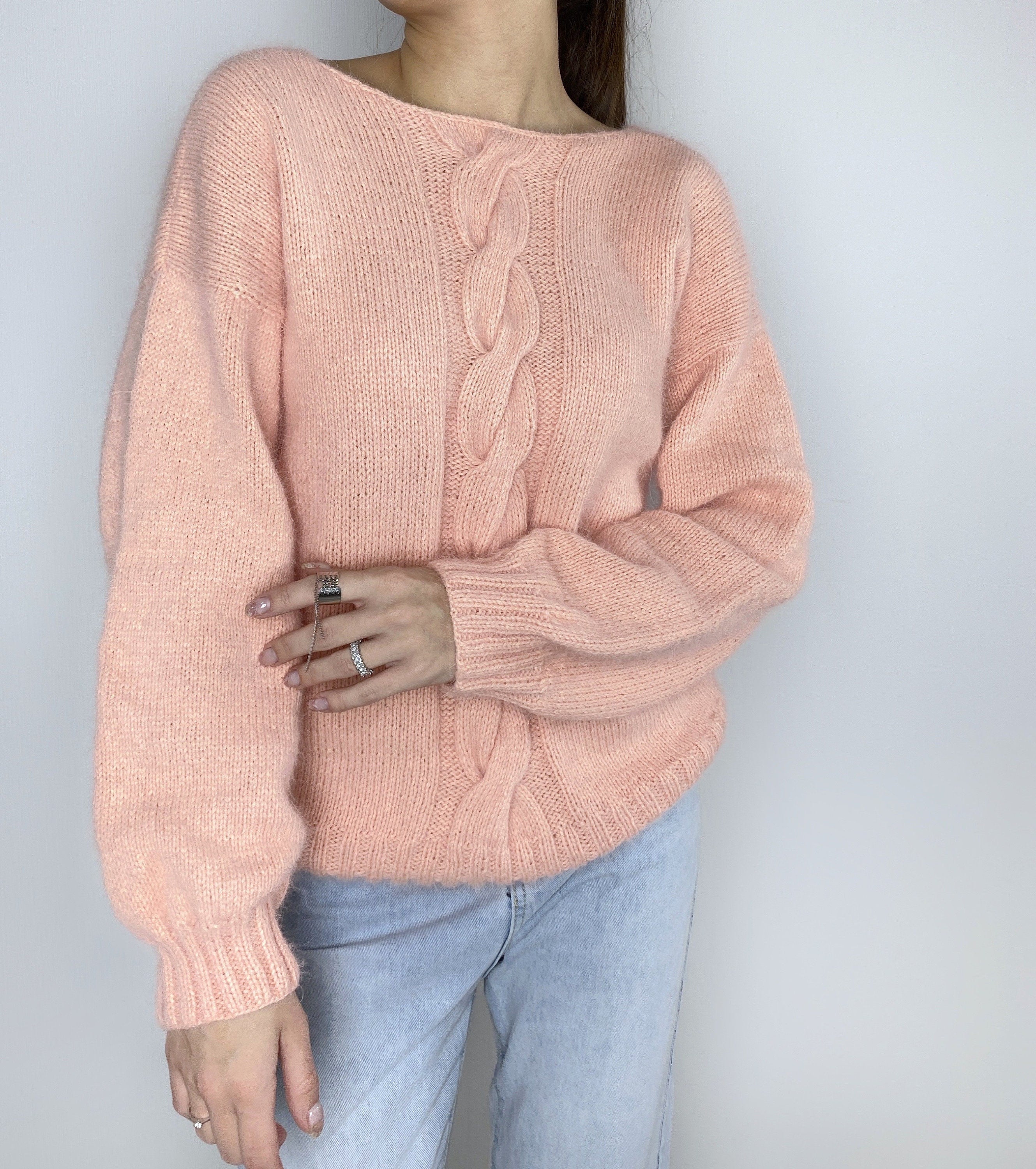 Peachy Powdery Pink angora sweater Open back Deep V-neckline Knit fluffy angora pullover Loose fit oversized Top long sleevs Cozy gift her