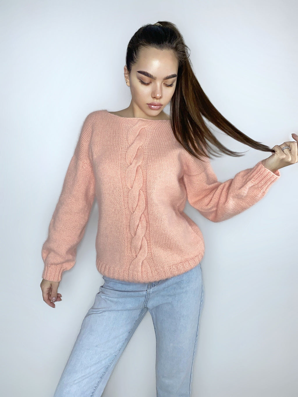 Peachy Powdery Pink angora sweater Open back Deep V-neckline Knit fluffy angora pullover Loose fit oversized Top long sleevs Cozy gift her