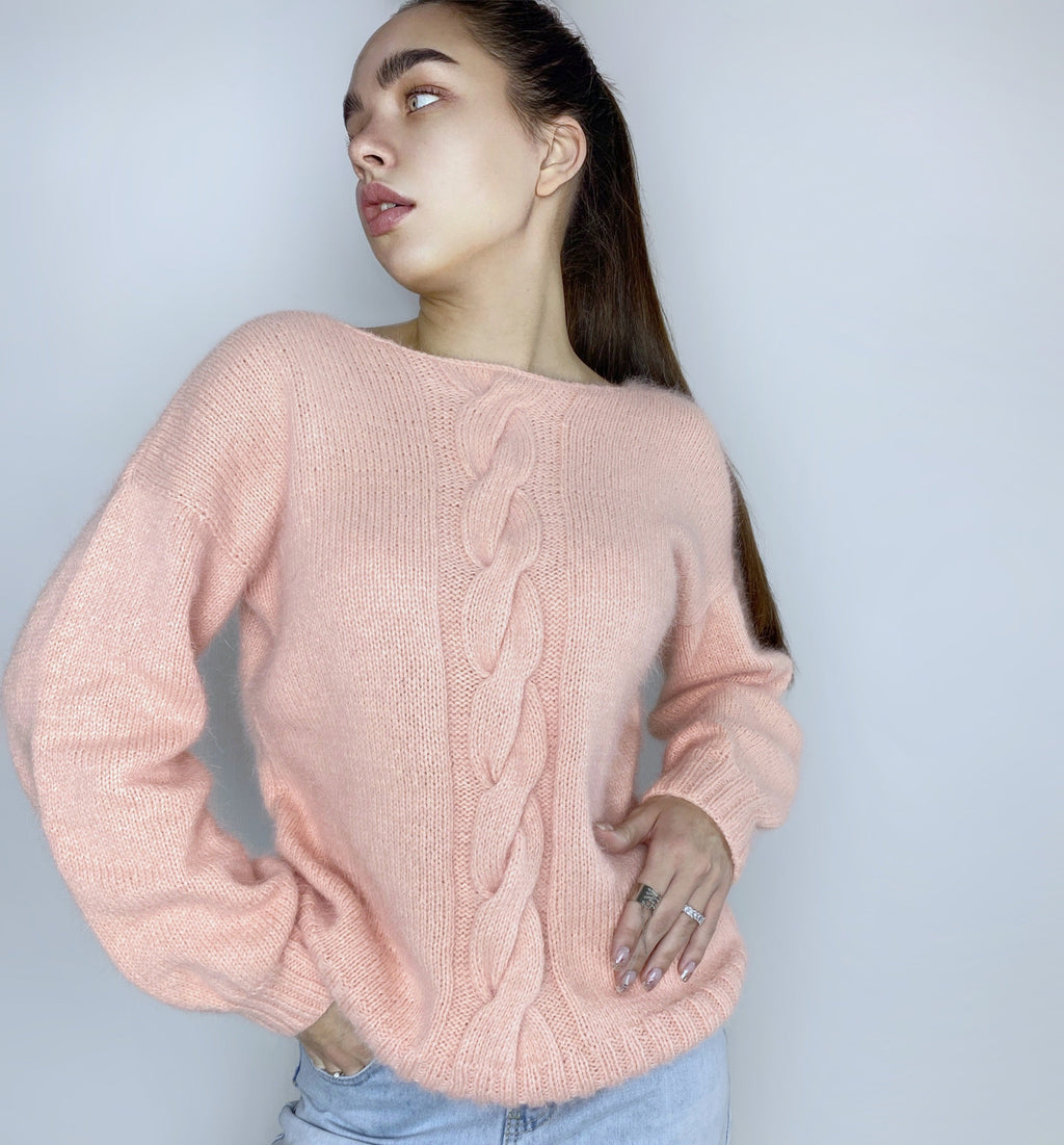 Peachy Powdery Pink angora sweater Open back Deep V-neckline Knit fluffy angora pullover Loose fit oversized Top long sleevs Cozy gift her