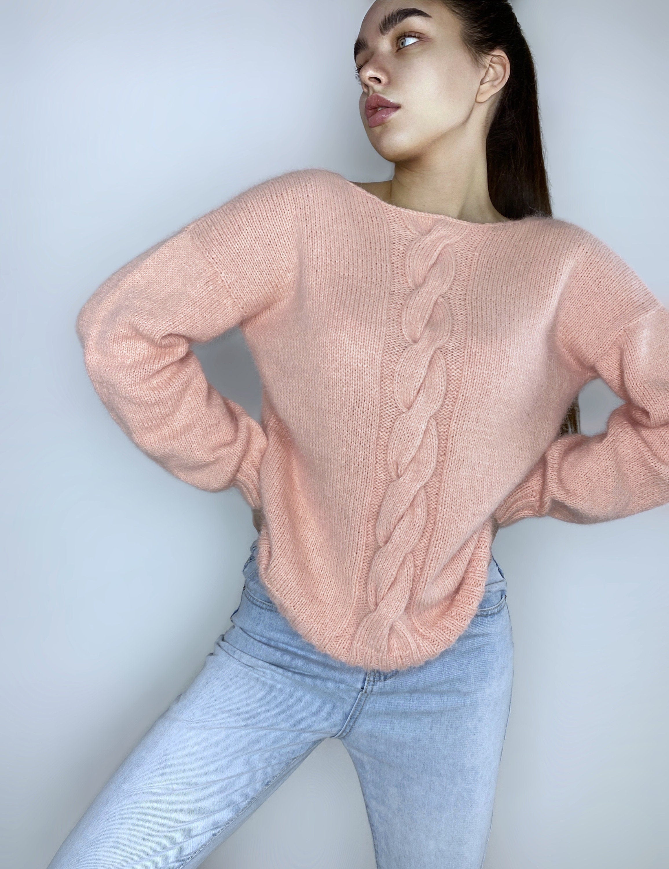 Peachy Powdery Pink angora sweater Open back Deep V-neckline Knit fluffy angora pullover Loose fit oversized Top long sleevs Cozy gift her