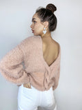 Beige soft fluffy wool free sweater dress Hand knit body friendly sweater Open back Deep neckline Fluffy pullover V-neck angora wool
