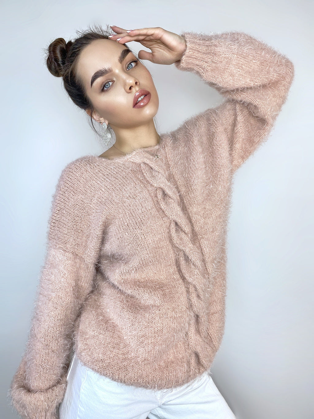 Beige soft fluffy wool free sweater dress Hand knit body friendly sweater Open back Deep neckline Fluffy pullover V-neck angora wool