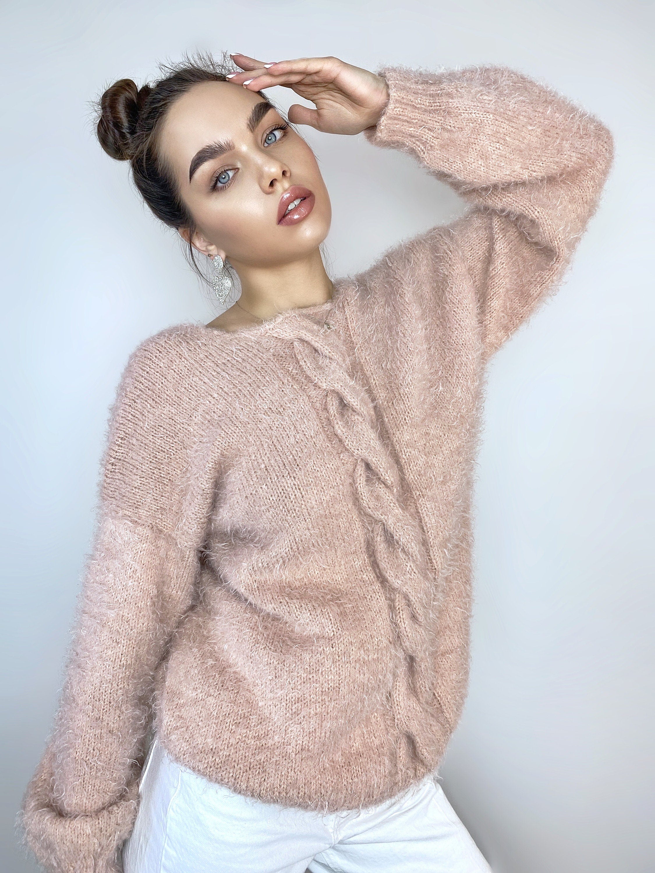 Beige soft fluffy wool free sweater dress Hand knit body friendly sweater Open back Deep neckline Fluffy pullover V-neck angora wool