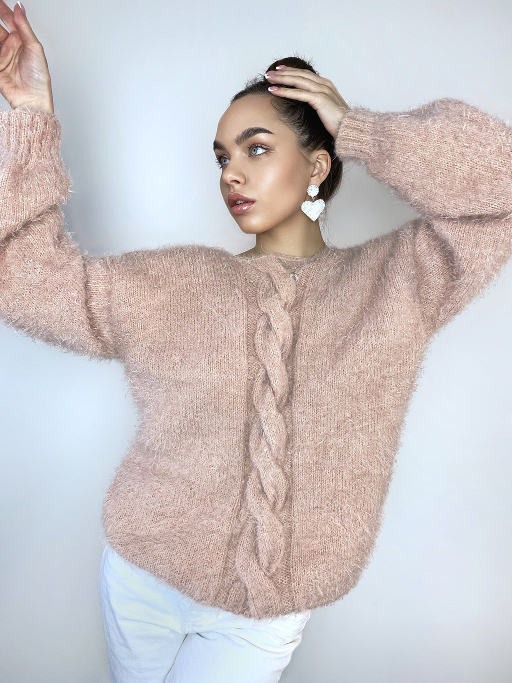 Beige soft fluffy wool-free sweater Hand knit body friendly sweater Open back Deep neckline Fluffy pullover Loose fit V-neck angora wool