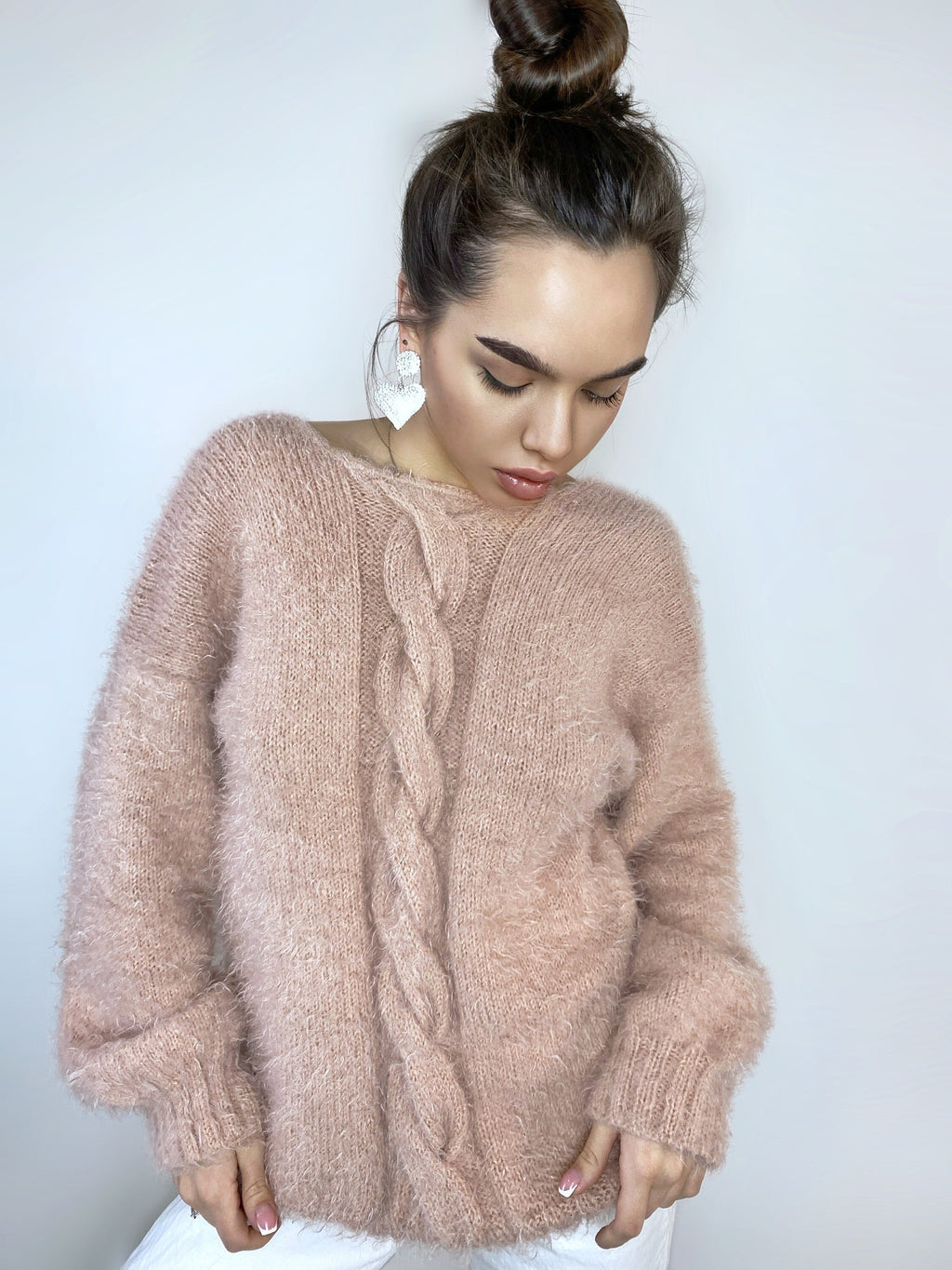 Beige soft fluffy wool free sweater dress Hand knit body friendly sweater Open back Deep neckline Fluffy pullover V-neck angora wool