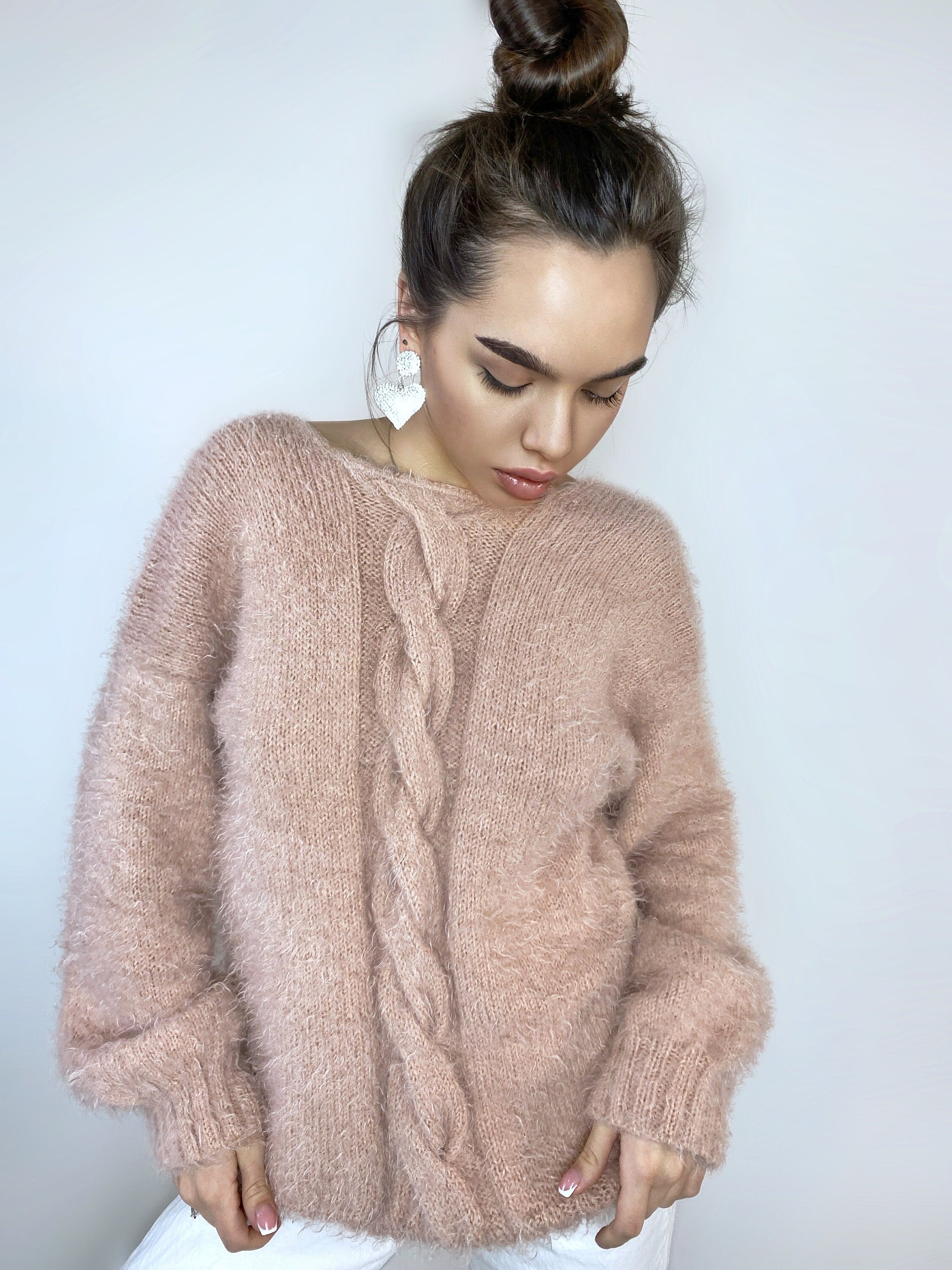Beige soft fluffy wool free sweater dress Hand knit body friendly sweater Open back Deep neckline Fluffy pullover V-neck angora wool