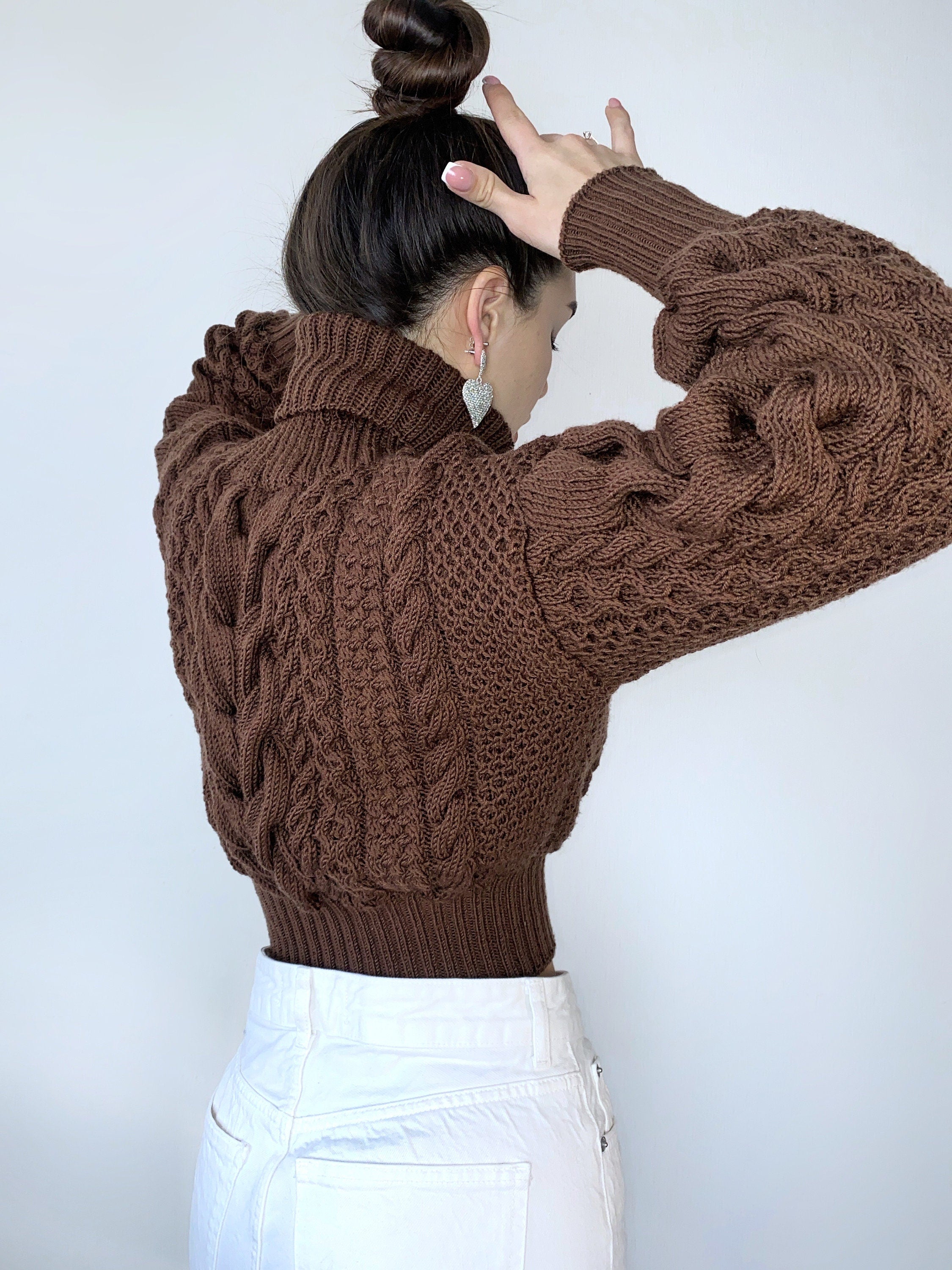 Crop hand knitted Chocolate brown merino wool sweater Chunky Knit Turtleneck organic Pullover Women's Cable knit cozy wool winter sweater