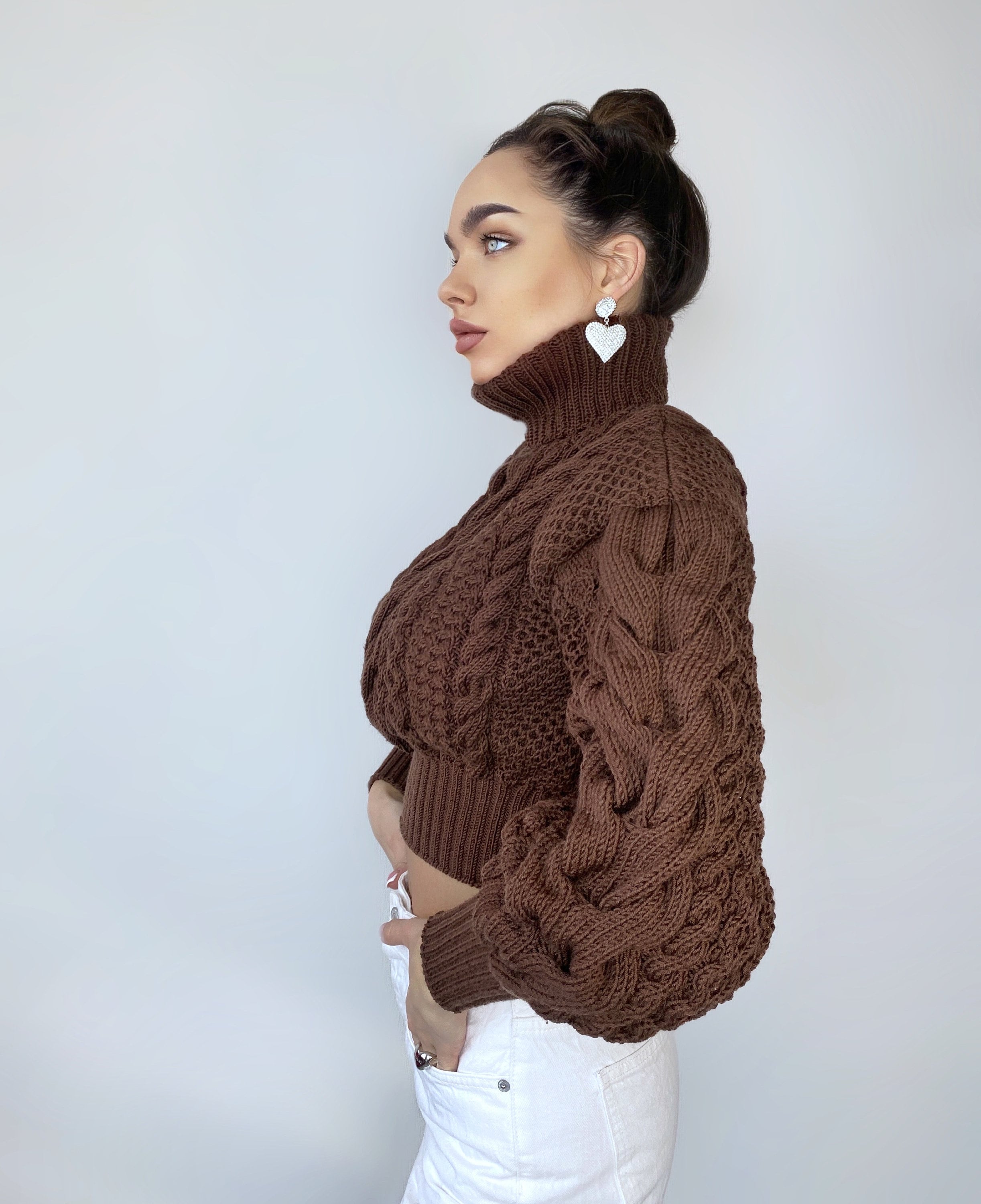 Crop hand knitted brown merino wool sweater Chunky Knit Turtleneck Oversized Pullover Women's Cable knit Jumper cozy wool winter sweater