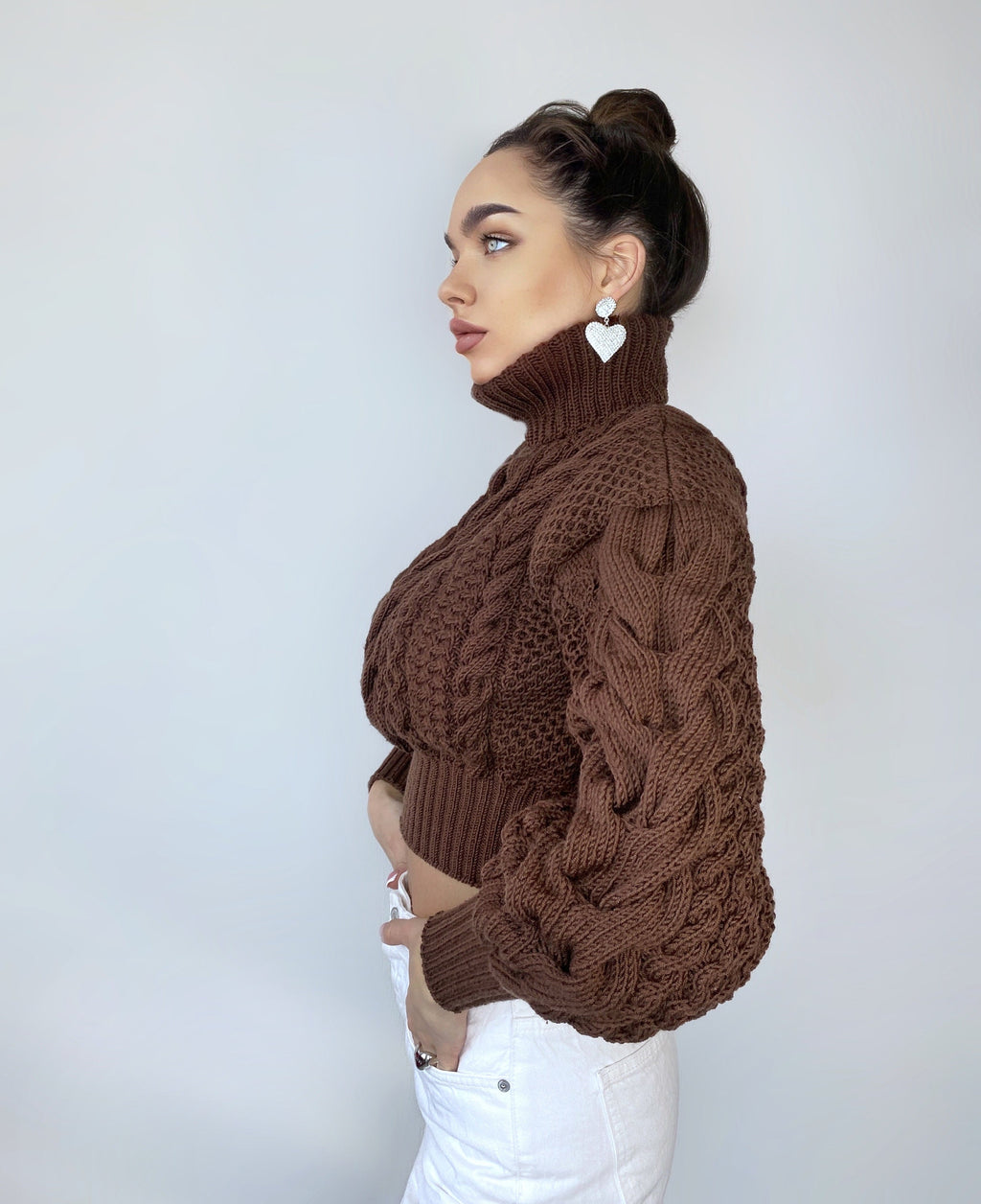 Crop hand knitted Chocolate brown merino wool sweater Chunky Knit Turtleneck organic Pullover Women's Cable knit cozy wool winter sweater