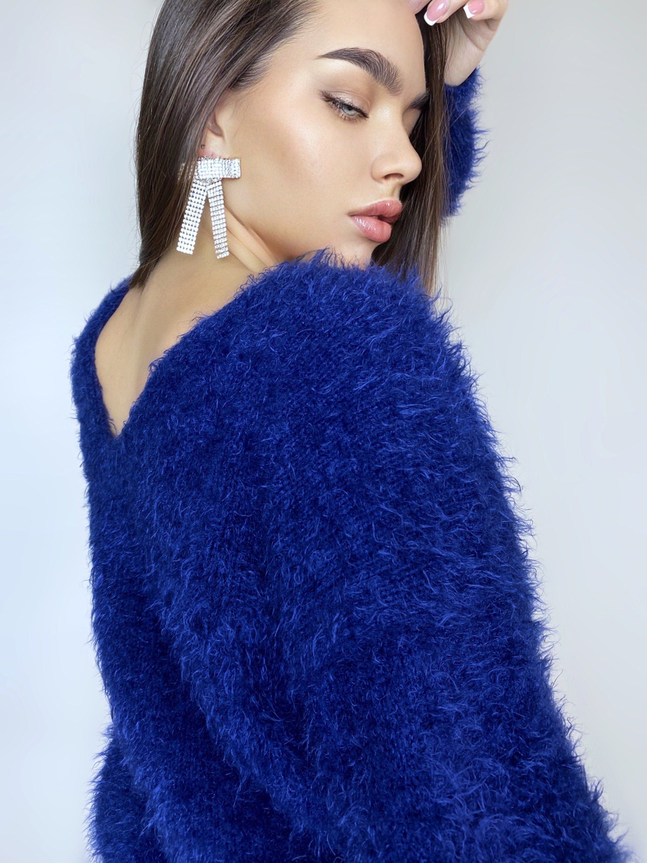 Dark blue wool free soft fluffy handknit body friendly sweater Open back Deep V-neckline Analogue of angora yarn pullover Loose fit oversize