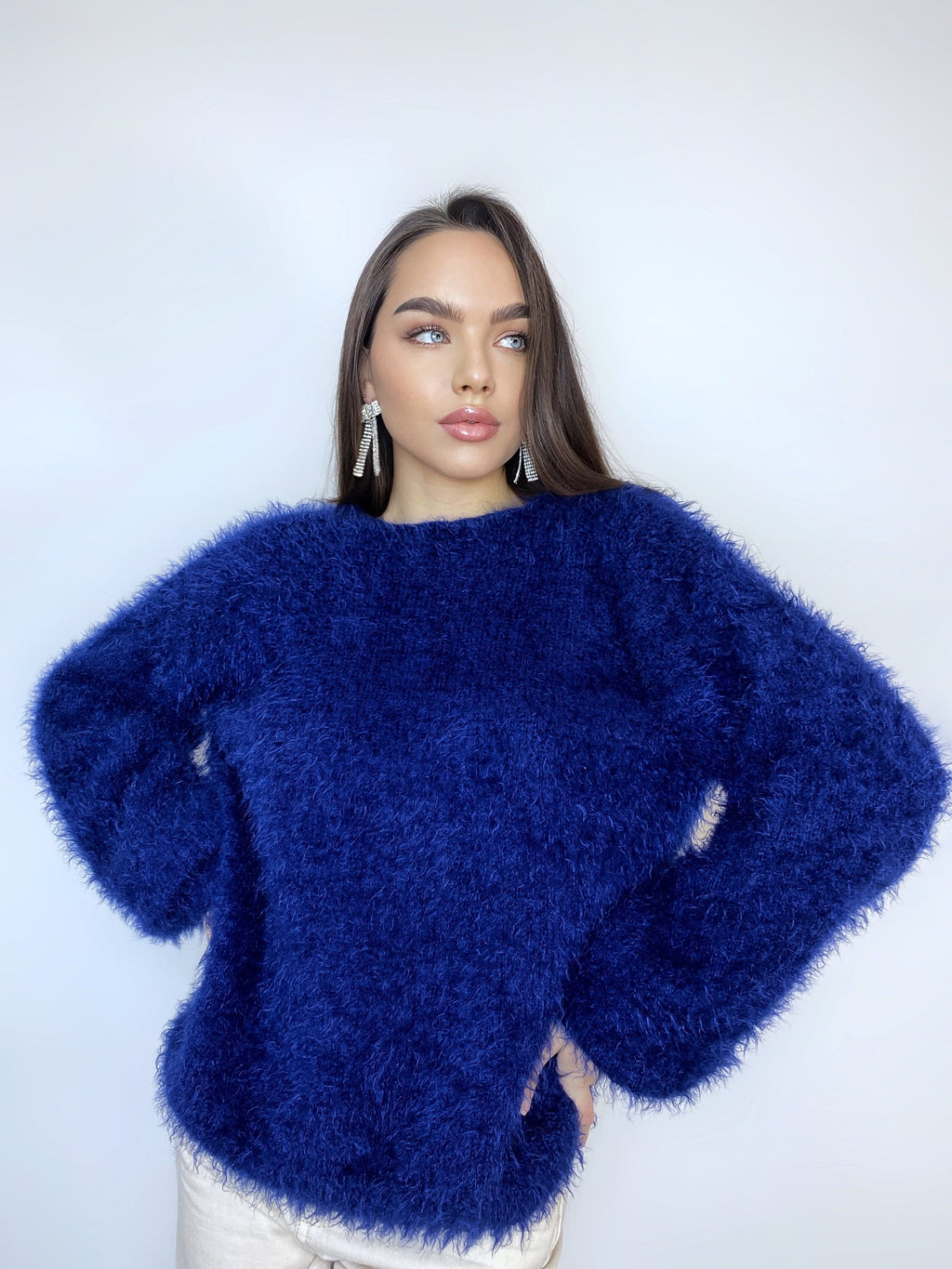 Dark blue wool free soft fluffy handknit body friendly sweater Open back Deep V-neckline Analogue of angora yarn pullover Loose fit oversize